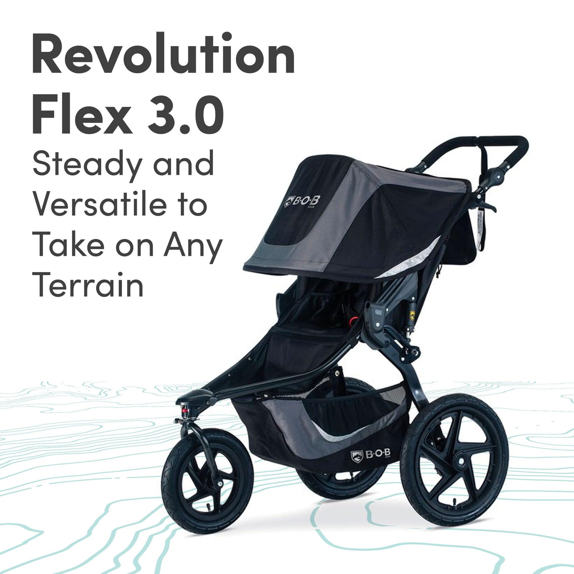 My Store BOB Revolution Flex 3.0 Duallie jogging stroller in Graphite Black, featuring sturdy double stroller design and adjustable handlebars.