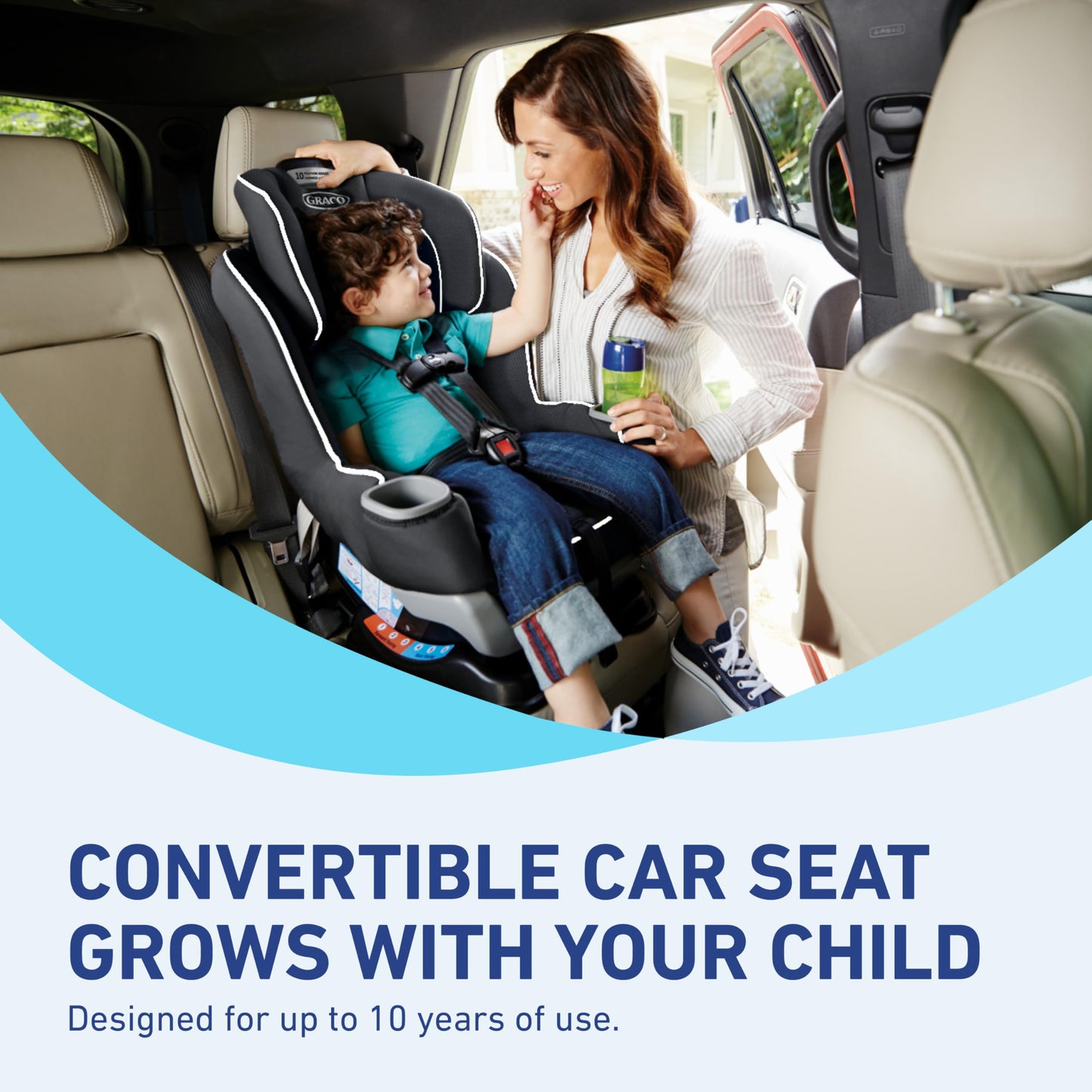 Graco Extend2Fit convertible baby car seat in Gotham color showing adjustable extension panel for extra legroom, rear and forward facing.