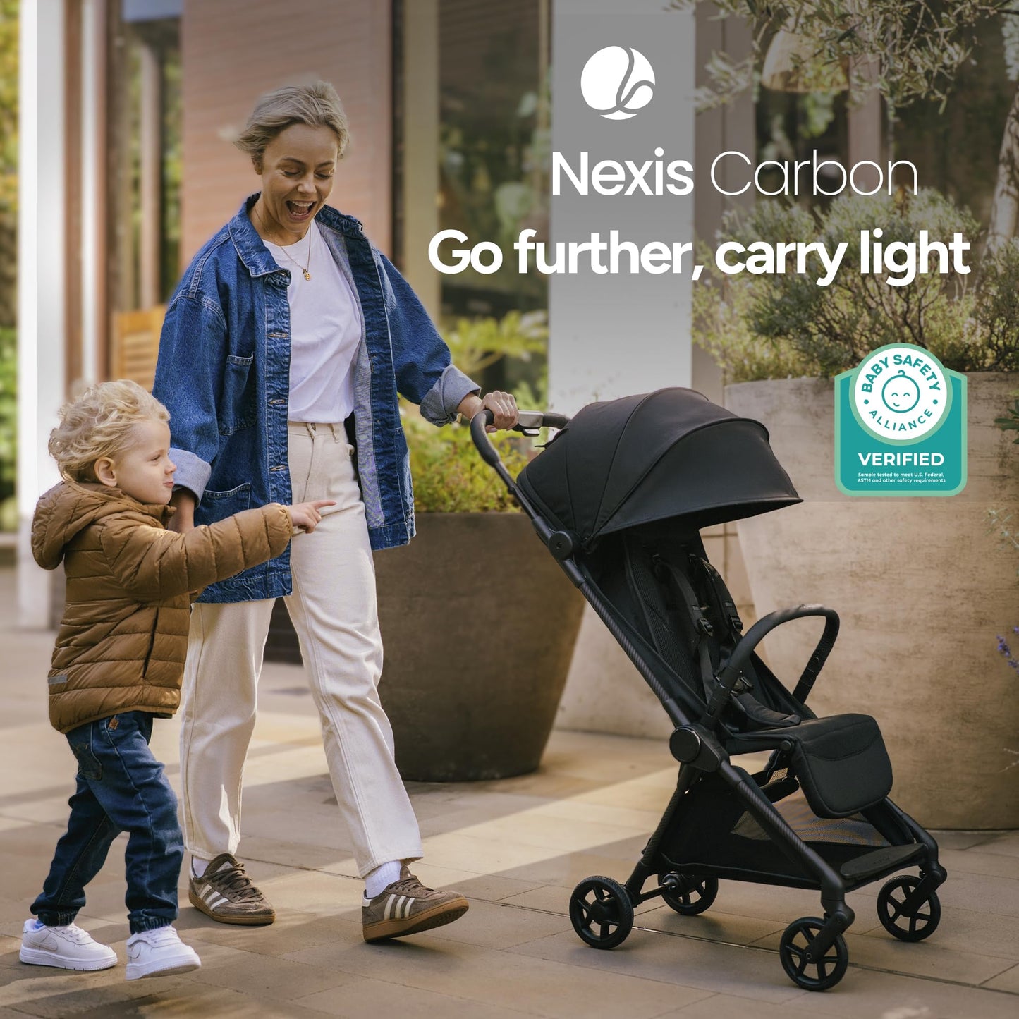 Mompush Nexis Carbon travel stroller by My Store, lightweight, compact, auto-fold, full recline, suitable from birth to 50 lbs.