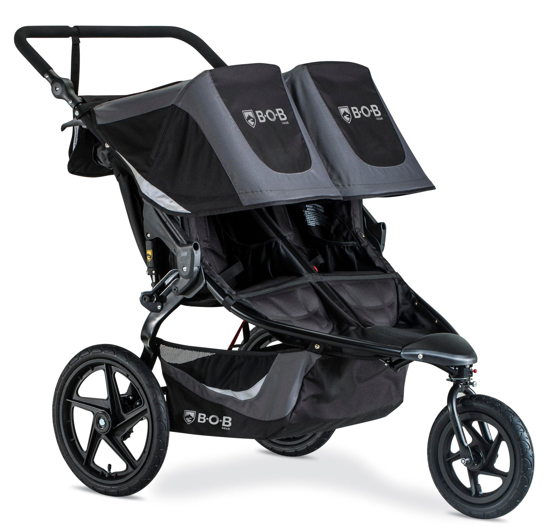 My Store BOB Gear Revolution Flex 3.0 Duallie jogging stroller in graphite black with adjustable handlebars and large tires.