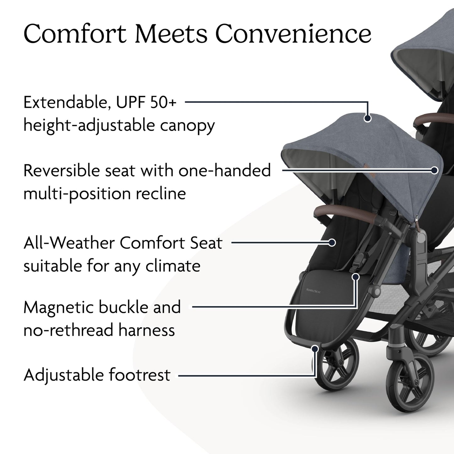 UPPAbaby RumbleSeat V3 second lower all-weather seat with magnetic buckle and adapters, in Declan Oat Mélange with silver frame and chestnut leather.