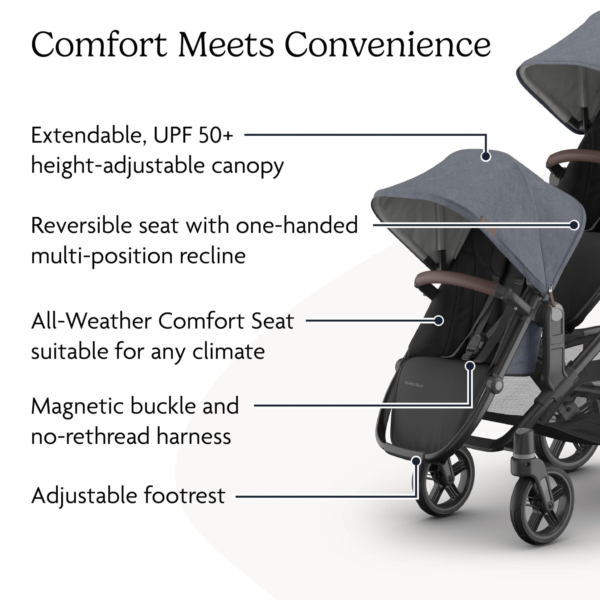 UPPAbaby RumbleSeat V3 second lower all-weather seat with magnetic buckle and adapters, in Declan Oat Mélange with silver frame and chestnut leather.