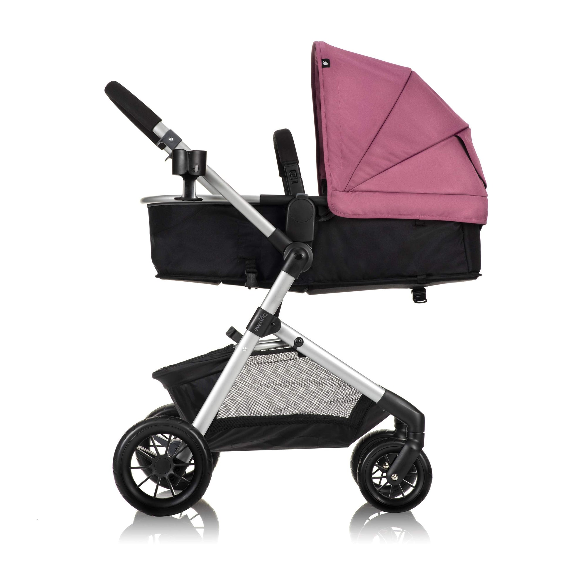 Evenflo Pivot Modular Travel System with LiteMax Preemie and Infant Car Seat in casual gray, showing the stroller and car seat setup