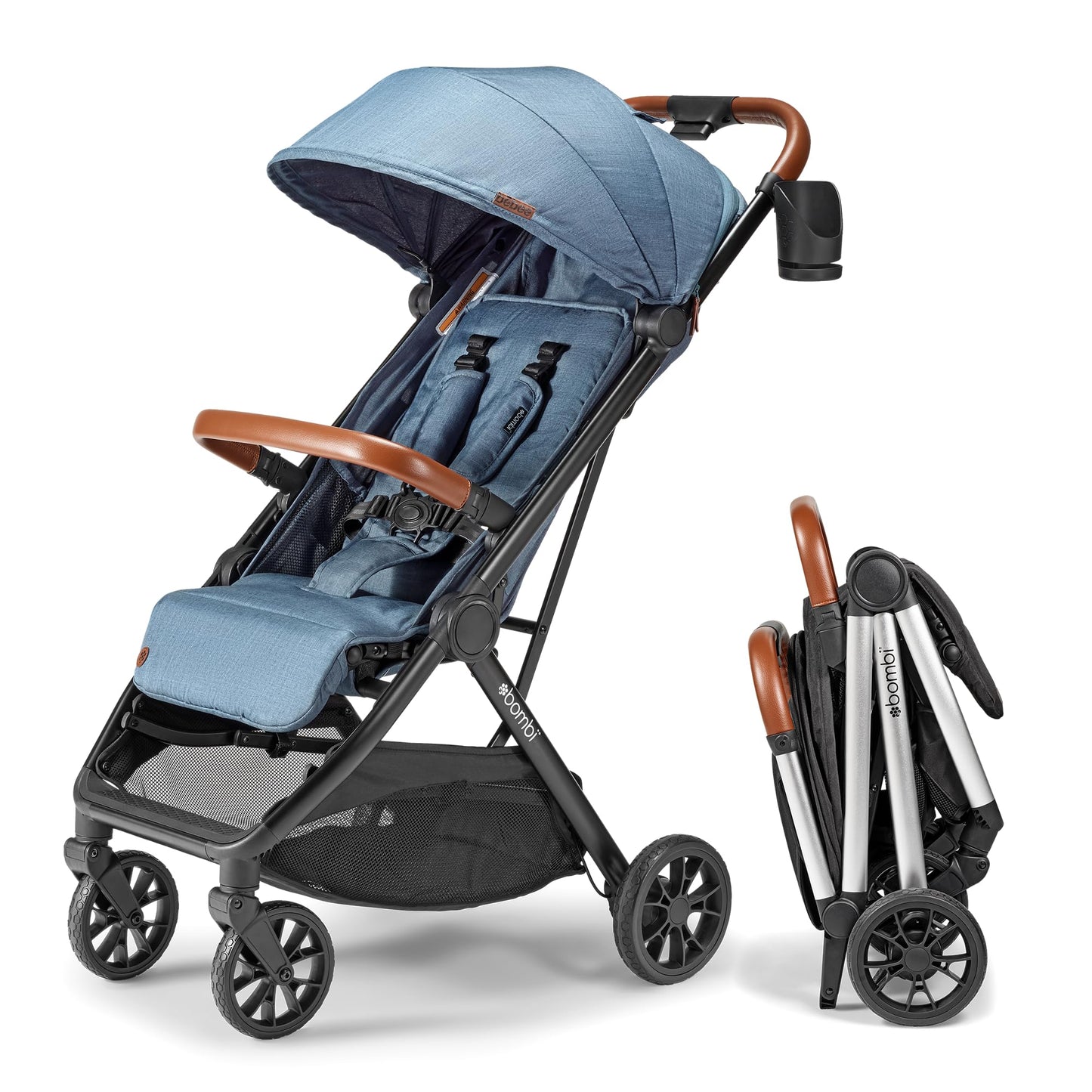 Bombi Bēbee V2 lightweight baby stroller with vegan leather, one-hand fold, infinite recline, aircraft-grade aluminum frame, and XXL canopy