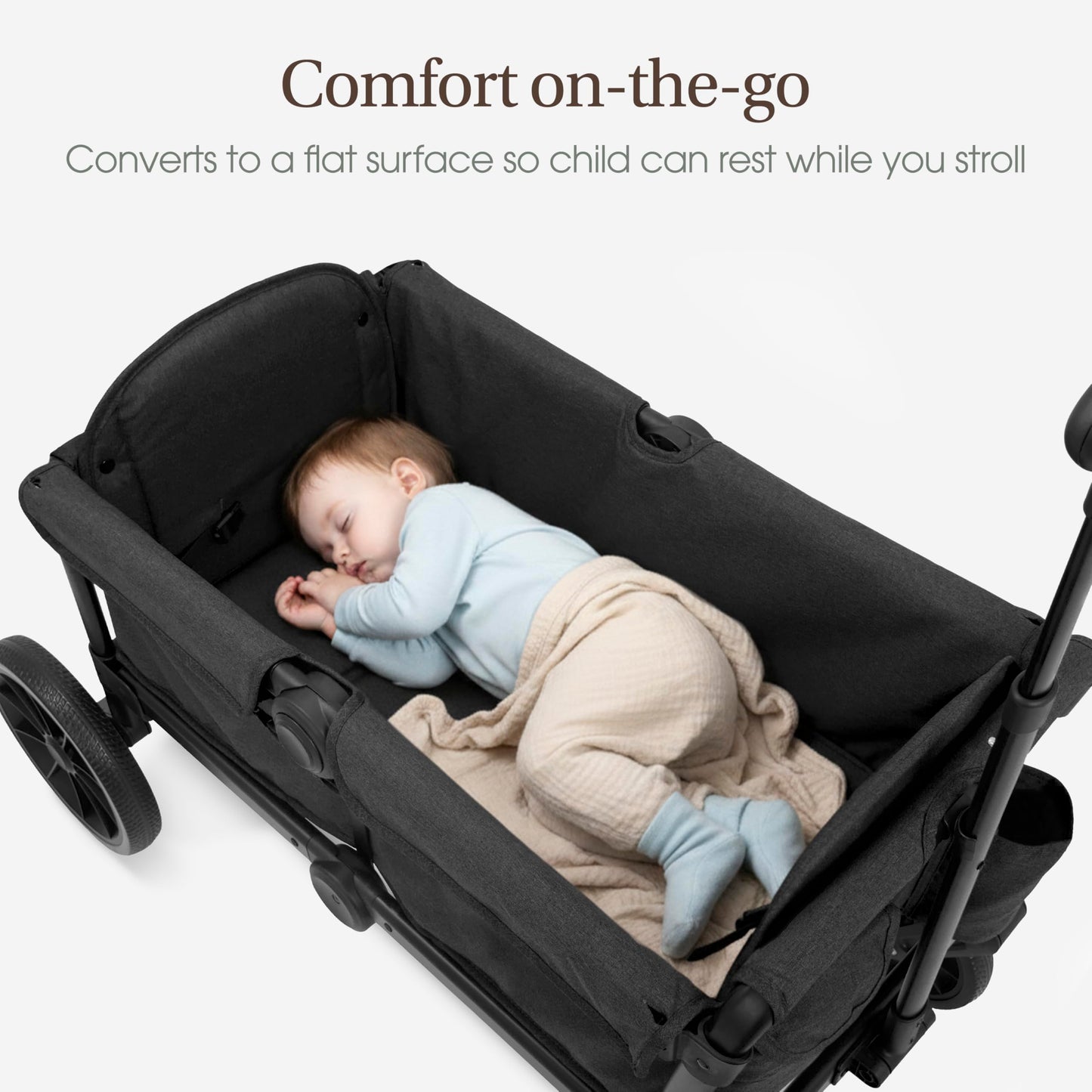 Evolur Trailblazer double stroller in black with all-terrain wheels, foldable design, 5-point harness, removable canopy, and spacious storage.