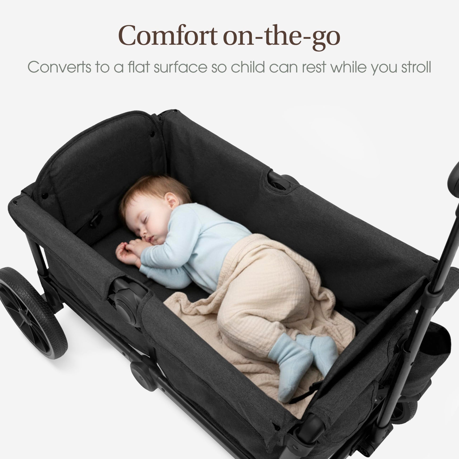 Evolur Trailblazer double stroller in black with all-terrain wheels, foldable design, 5-point harness, removable canopy, and spacious storage.