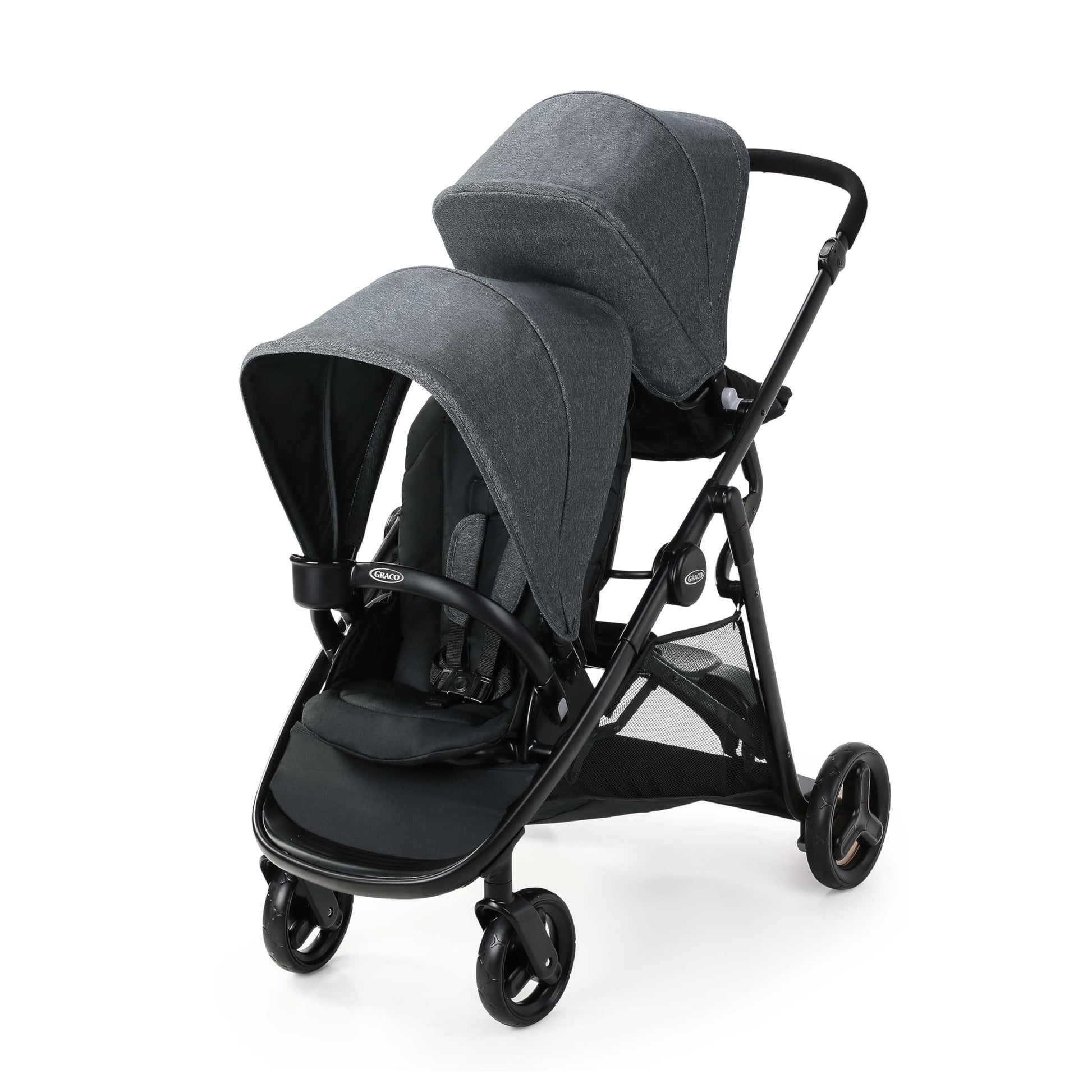 Graco Ready2Grow 2.0 double stroller with bench seat and standing platform, Rafa color, designed for versatile family outings.