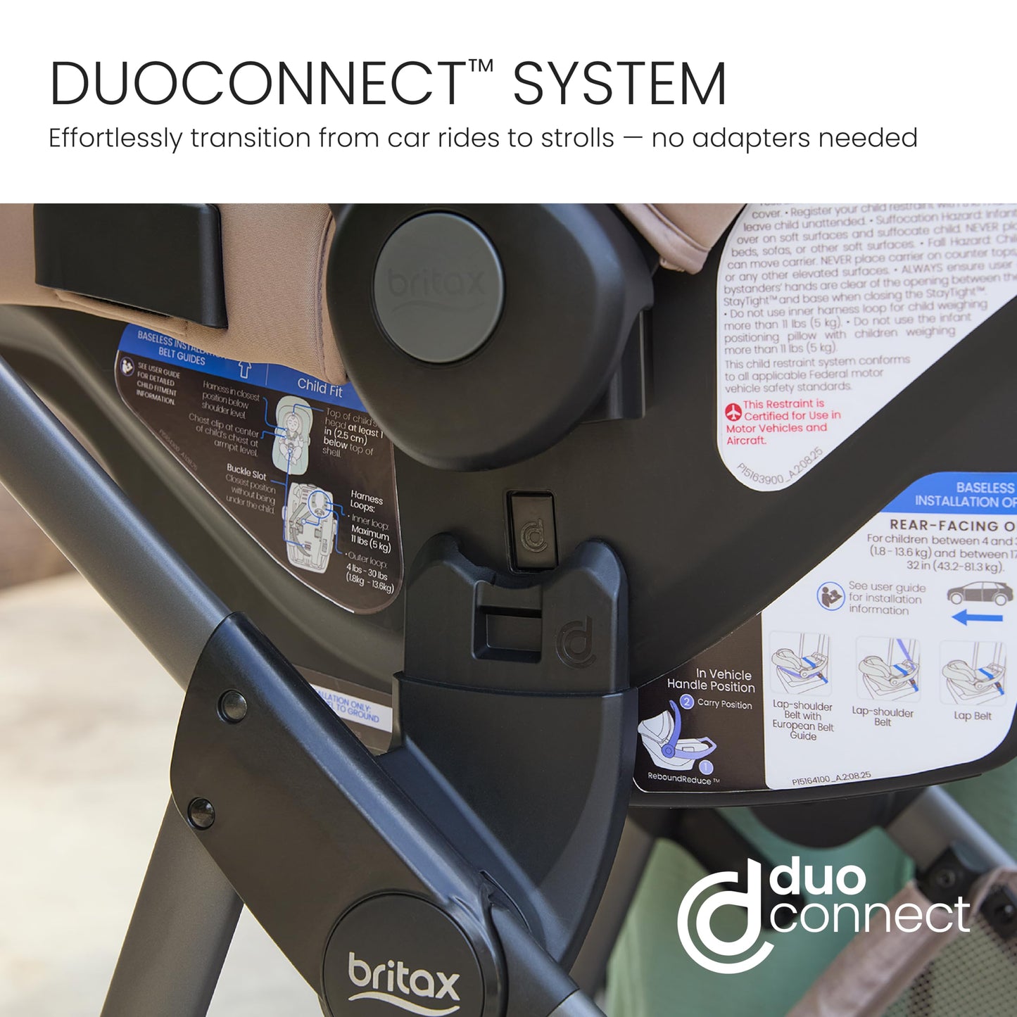 Britax Phases travel system with Arbor infant car seat, stroller in Raven Black, includes StayTight base and parent organizer.