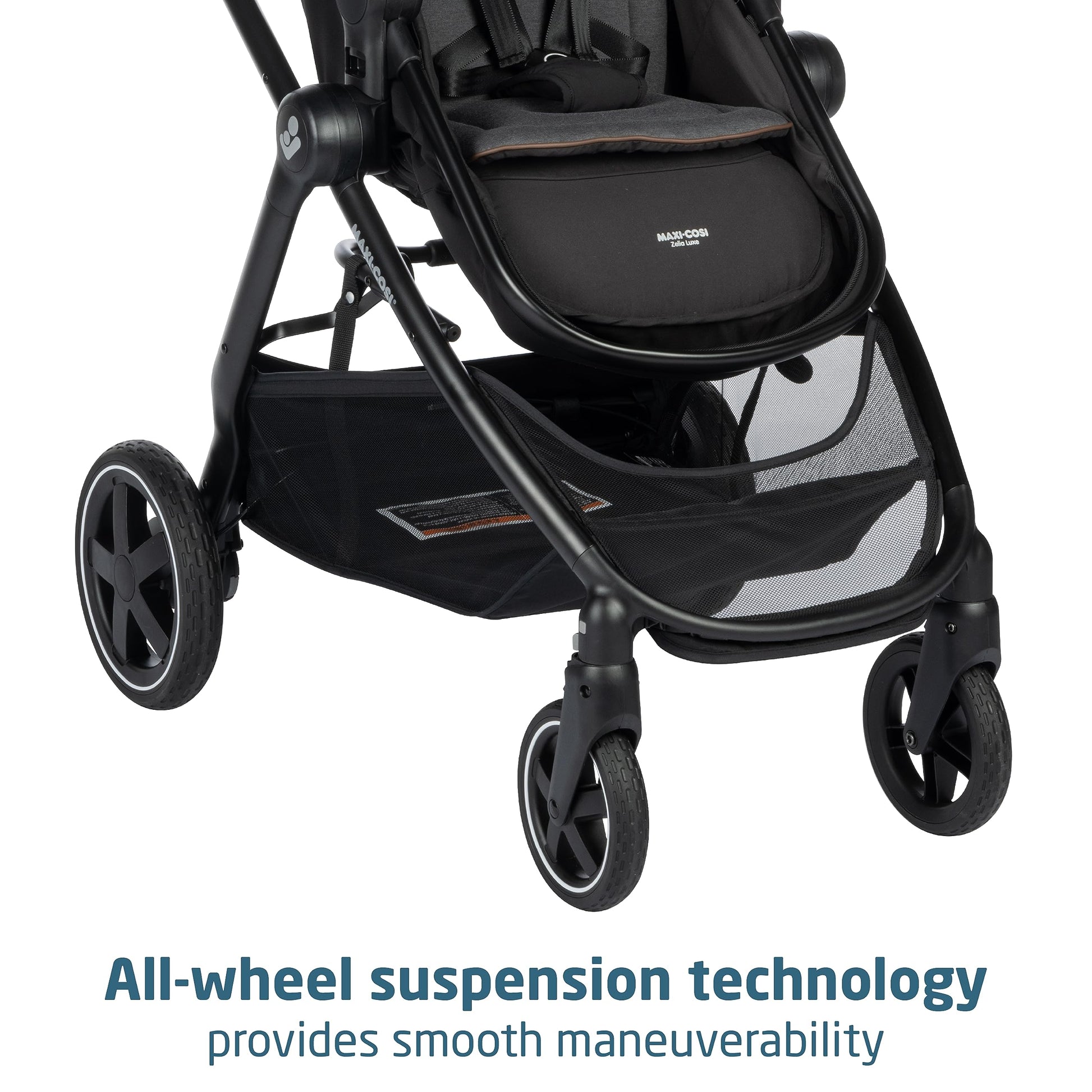 Maxi-Cosi Zelia Luxe 5-in-1 modular travel system with stroller, car seat, and accessories for infants and toddlers.