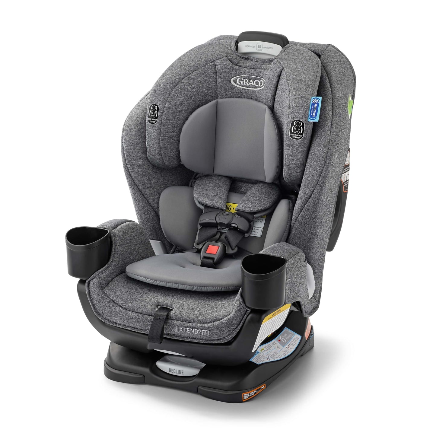 Graco Extend2Fit convertible baby car seat in Gotham, rear and forward facing with adjustable extension panel for extra legroom.