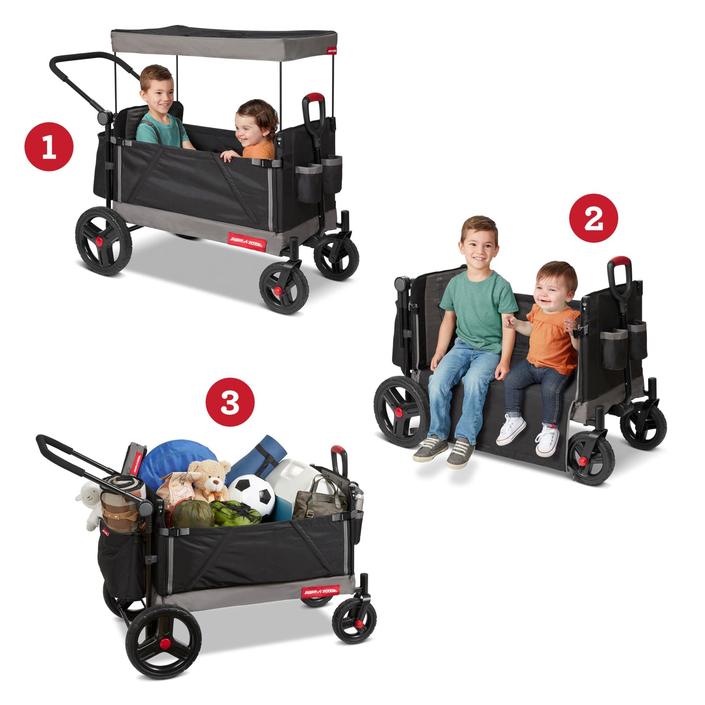 Red Radio Flyer wagon for kids and toddlers, convertible stroller and rolling cart with wheels, outdoor beach toy for ages 1+ years