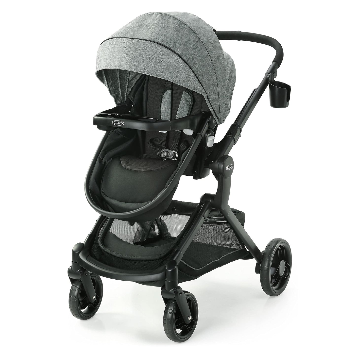 Graco Modes Nest travel system with 3-in-1 stroller, SnugRide DLX infant car seat, adjustable carrier, and toddler stroller.