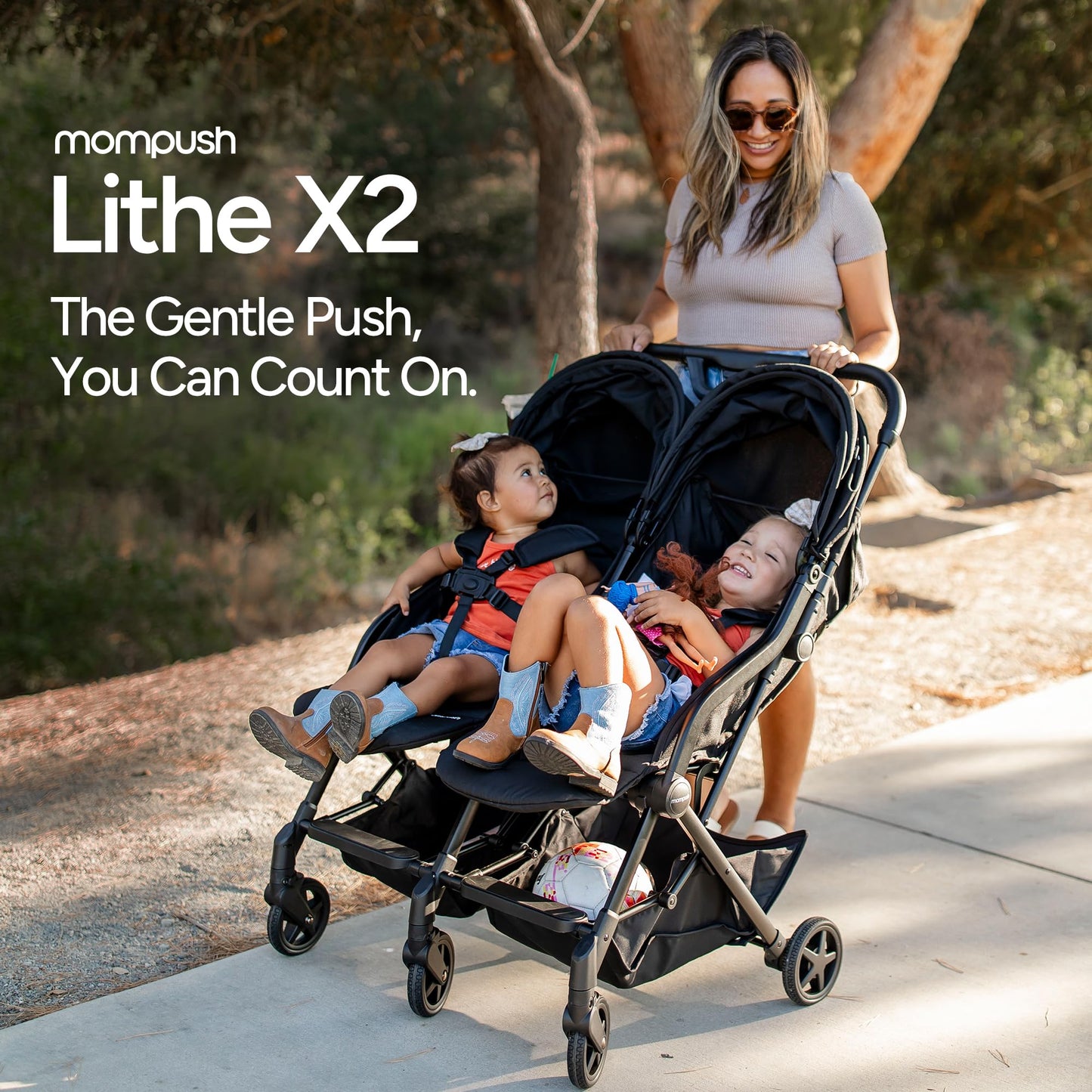 Mompush Lithe double stroller with spacious recline seats, lightweight design, easy fold, and UPF50+ canopy for newborn and toddler.