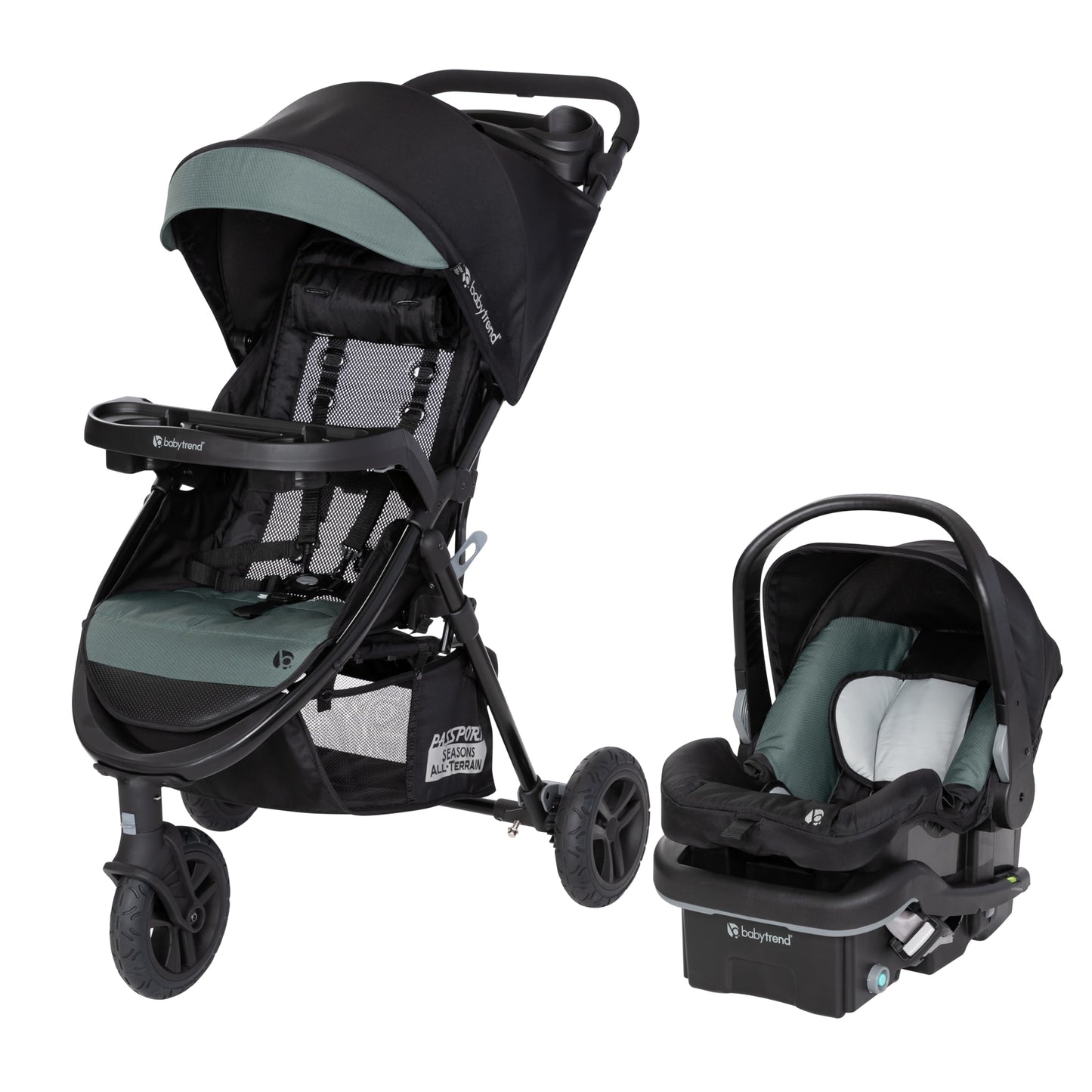 Baby Trend Passport cargo stroller with pink bamboo fabric and EZ-Lift Plus infant car seat, designed for travel and convenience.