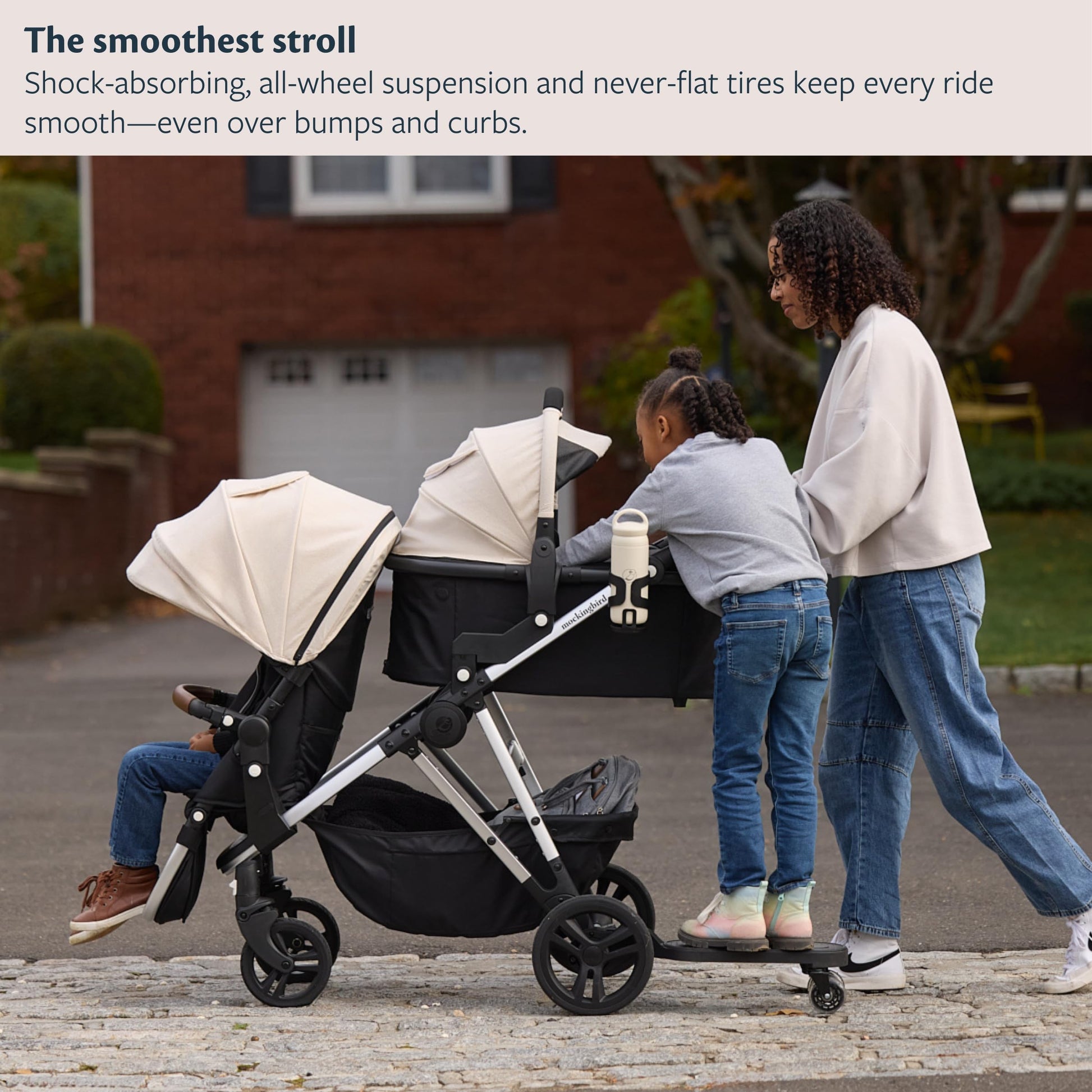 Mockingbird Single-to-Double Stroller 3.0 in black windowpane, convertible full-size baby stroller for 1, 2, or 3 kids with multiple configurations.