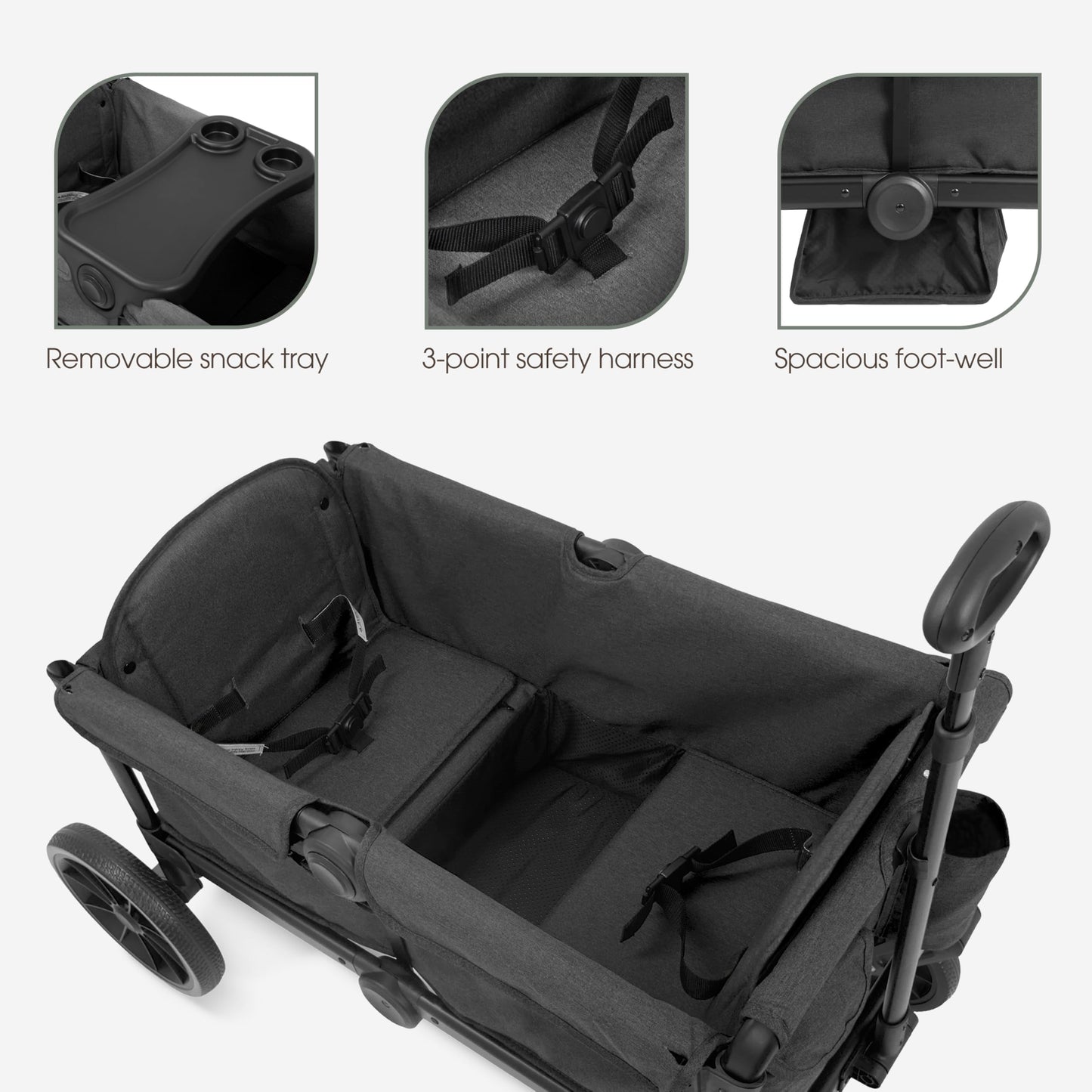 Evolur Trailblazer double stroller wagon in black with all-terrain wheels, foldable design, 5-point harness, removable canopy, and spacious storage.