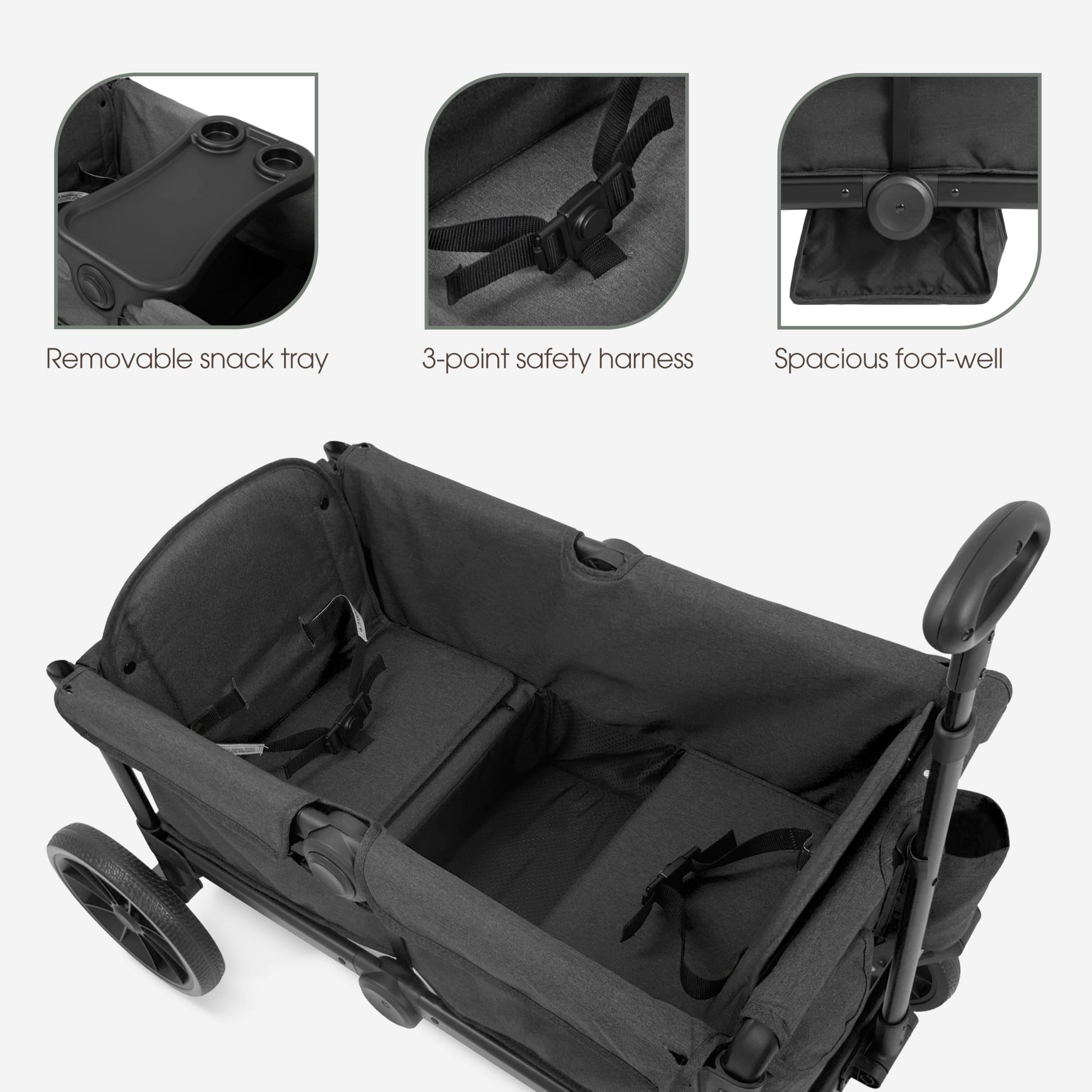 Evolur Trailblazer double stroller wagon in black with all-terrain wheels, foldable design, 5-point harness, removable canopy, and spacious storage.
