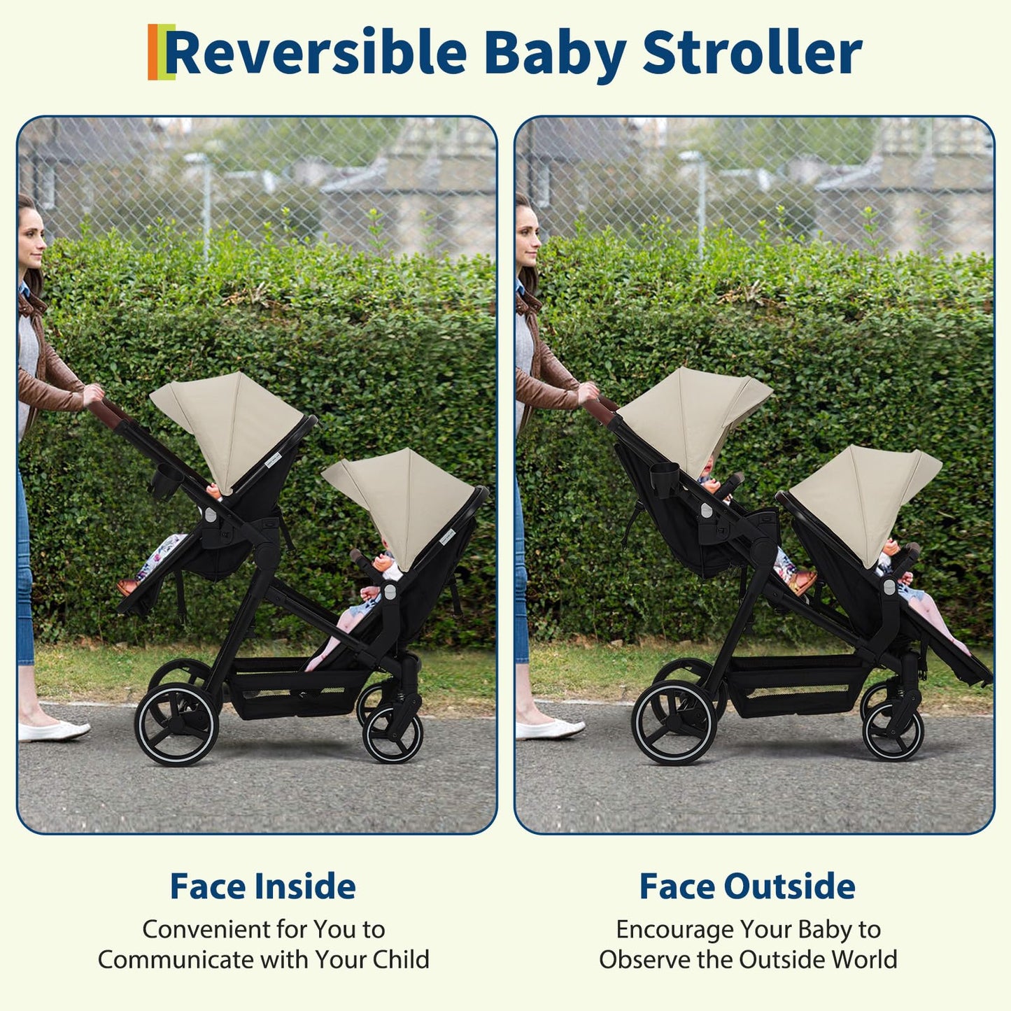 Black tandem stroller with reversible seats, adjustable canopy, large storage basket, and one-hand fold for twins and newborns.