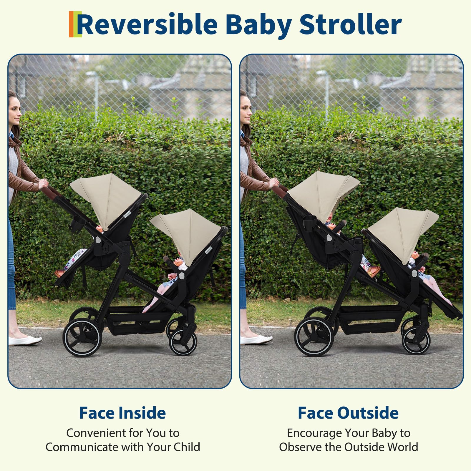 Dark grey tandem double stroller with reversible seats, adjustable canopy, 5-point harness, large storage basket, and one-hand fold.