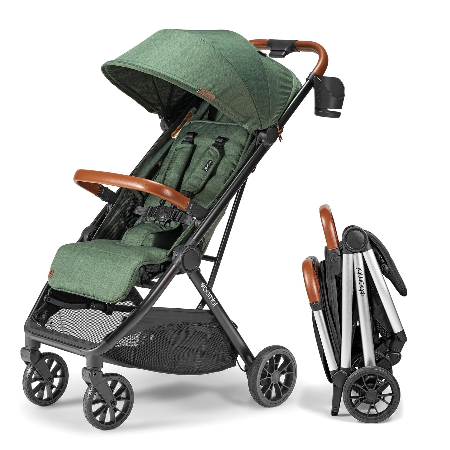 Lightweight Bombi Bēbee V2 baby stroller with vegan leather, one-hand fold, infinite recline, aircraft-grade aluminum frame, and large canopy