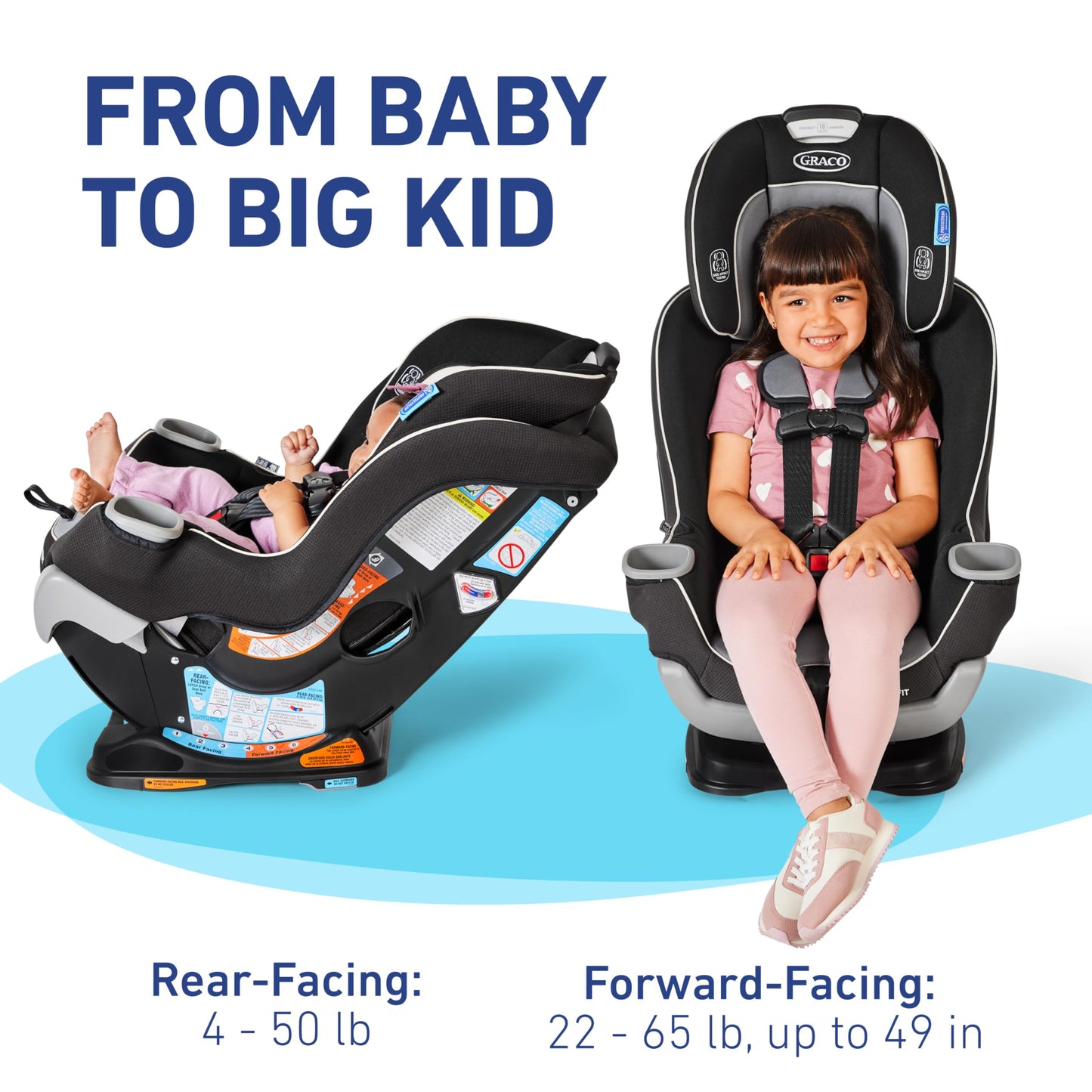Graco Extend2Fit convertible baby car seat in Gotham, rear and forward facing with adjustable extension panel for extra legroom.