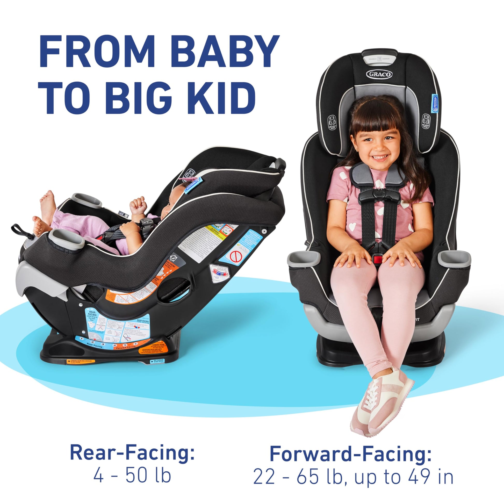 Graco Extend2Fit convertible baby car seat in Gotham, rear and forward facing with adjustable extension panel for extra legroom.