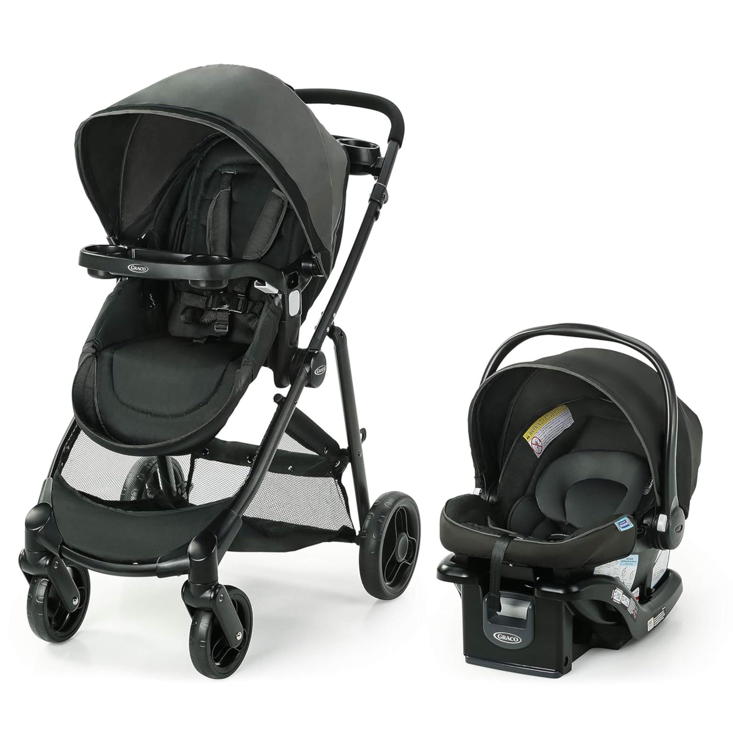 Graco Modes Element Canter travel system stroller with car seat and adjustable handle, featuring a compact fold and fabric details
