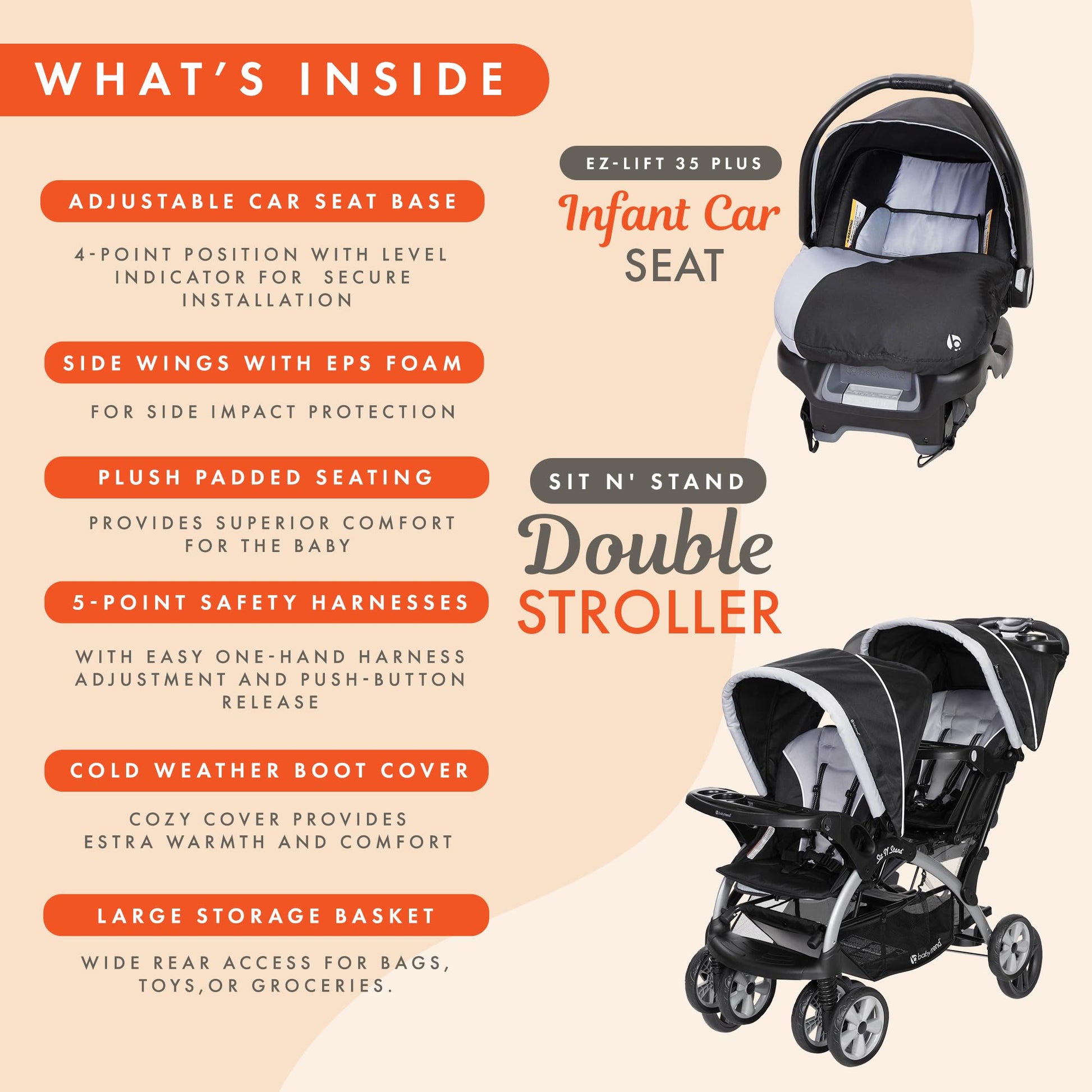 Baby Trend infant and toddler double stroller with car seat, lightweight and portable Stormy 2-piece travel system tandem.