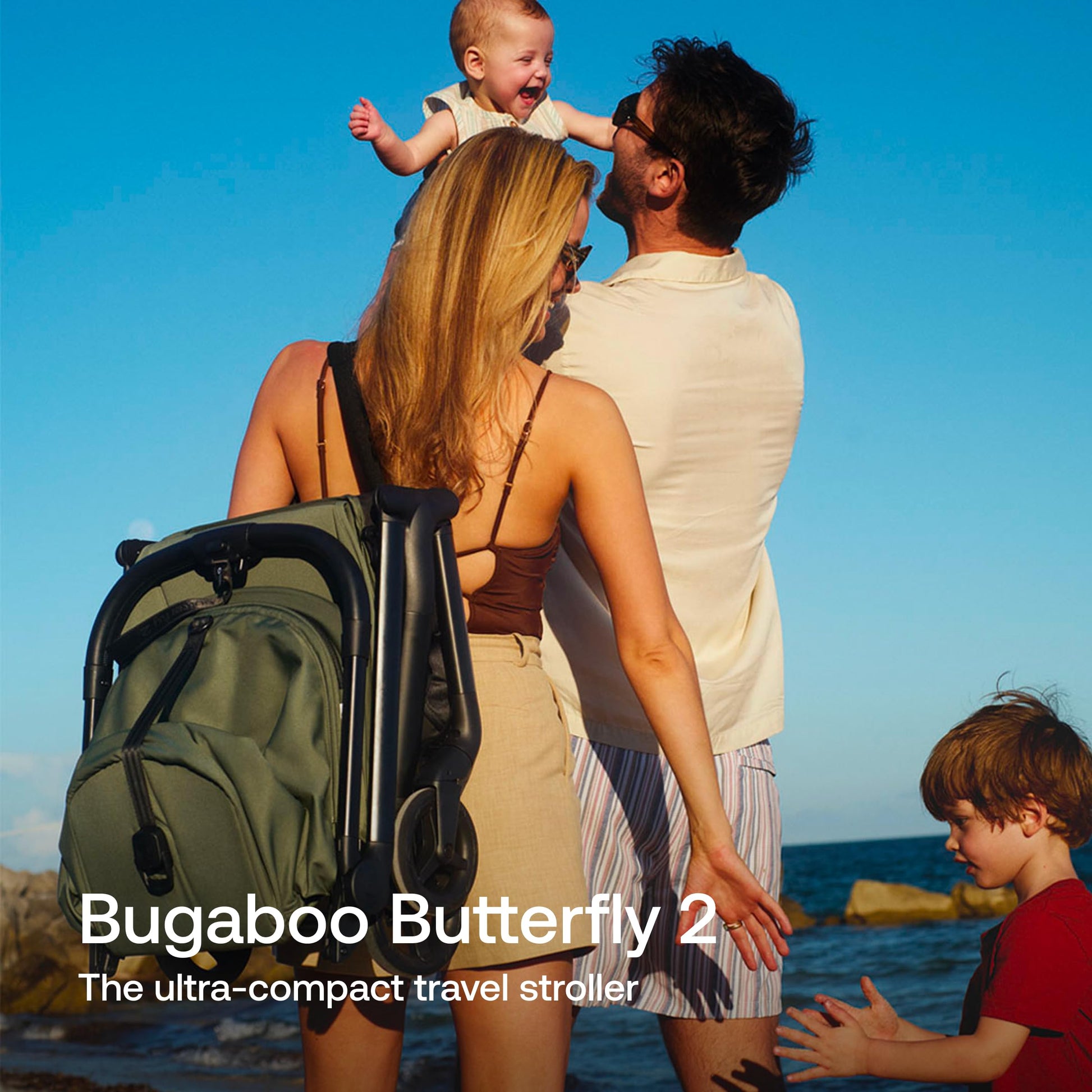 Black Bugaboo Butterfly 2 travel stroller folded compactly, lightweight design, suitable for airplane travel, with sleek black fabric.