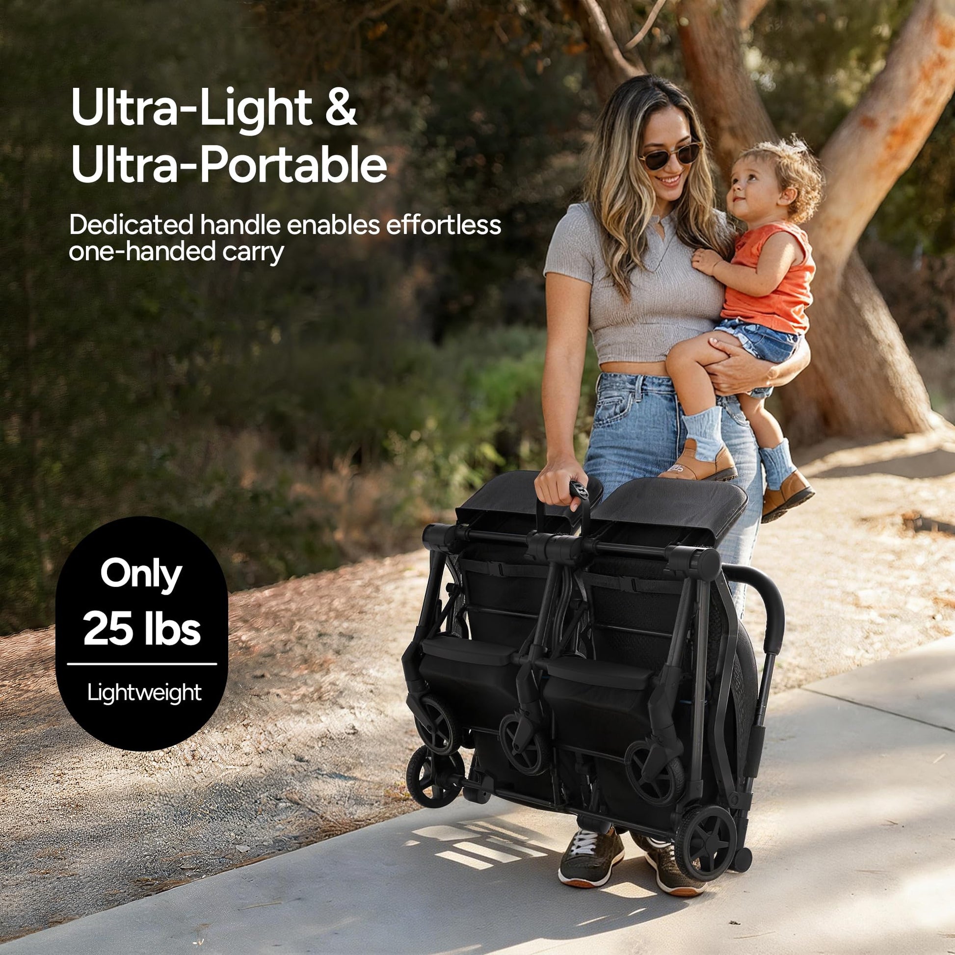 Mompush Lithe double stroller for newborn and toddler, lightweight side-by-side design with recline seats and UPF50+ canopy.