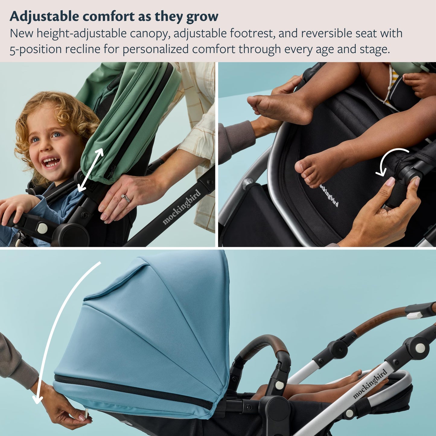 Mockingbird Single-to-Double Stroller 3.0 in black windowpane showing versatile full-size baby stroller with multiple seating configurations.