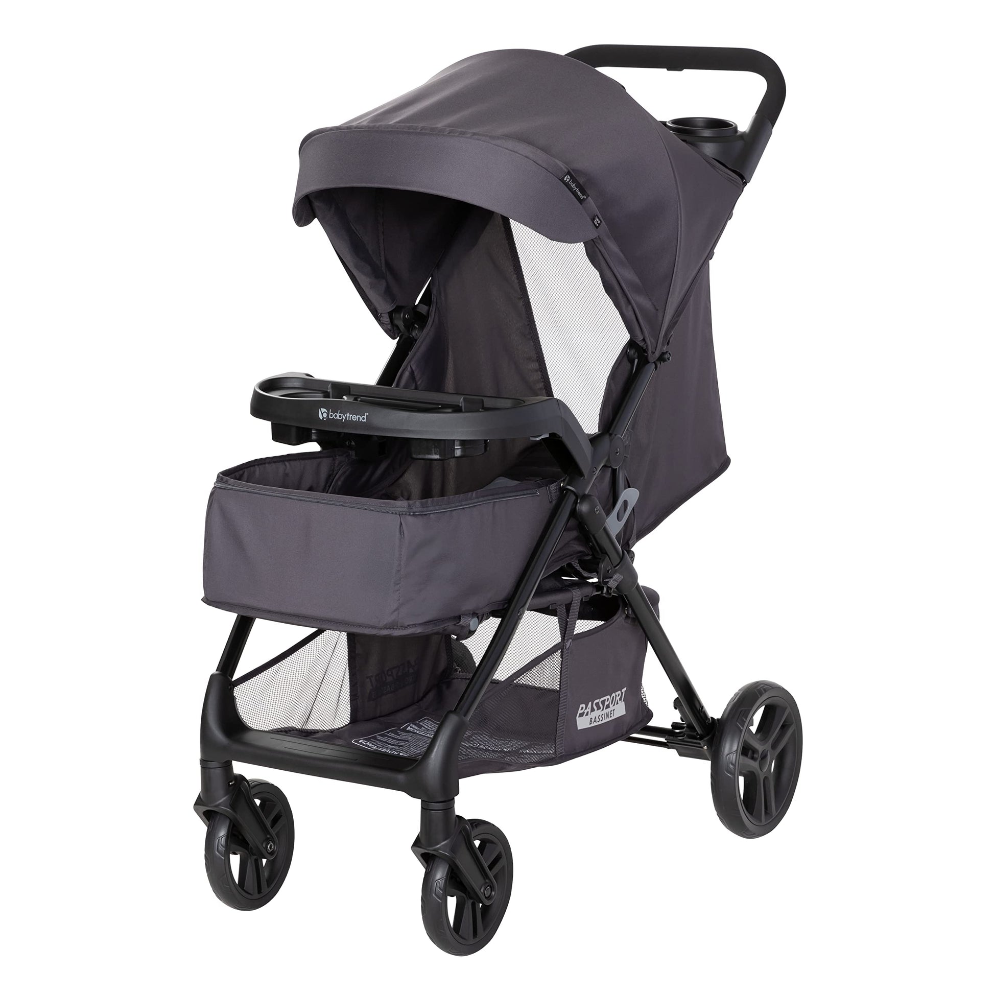 Baby Trend Passport cargo stroller with EZ-Lift infant car seat in pink bamboo, featuring a sleek, foldable design and comfortable handle.