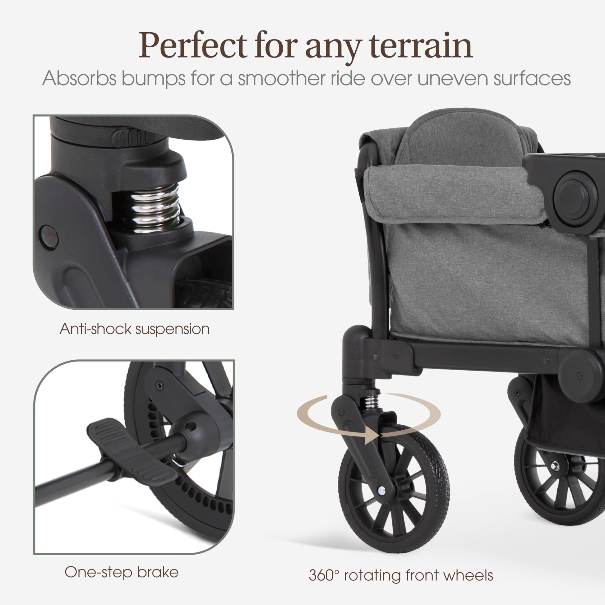 Evolur Trailblazer double stroller in black with all-terrain wheels, foldable design, 5-point harness, removable canopy, and spacious storage.
