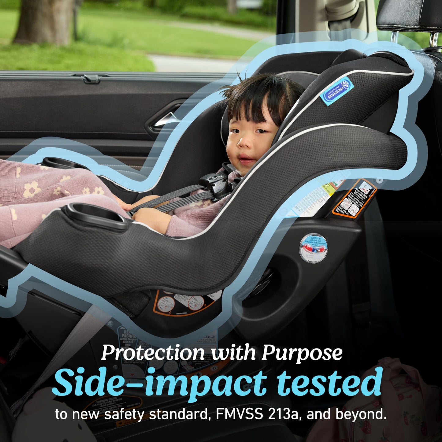 Graco Extend2Fit convertible baby car seat in Gotham, rear and forward facing with adjustable extension panel for extra legroom.