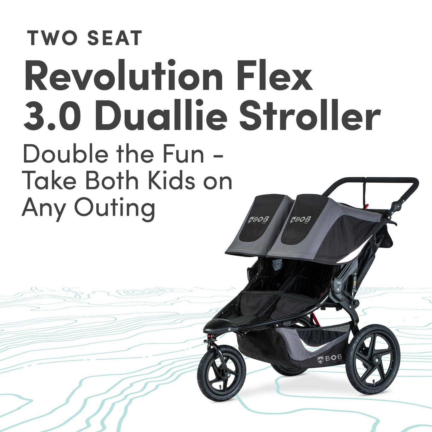 My Store BOB Gear Revolution Flex 3.0 Duallie jogging stroller in graphite black, with adjustable seats and large rubber wheels.