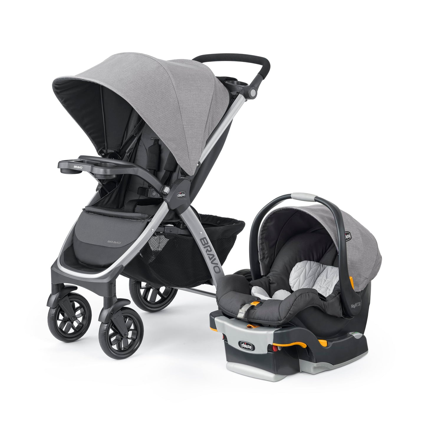 Chicco Bravo 3-in-1 travel system with quick-fold stroller, KeyFit 30 infant car seat and base, in Camden/Black color