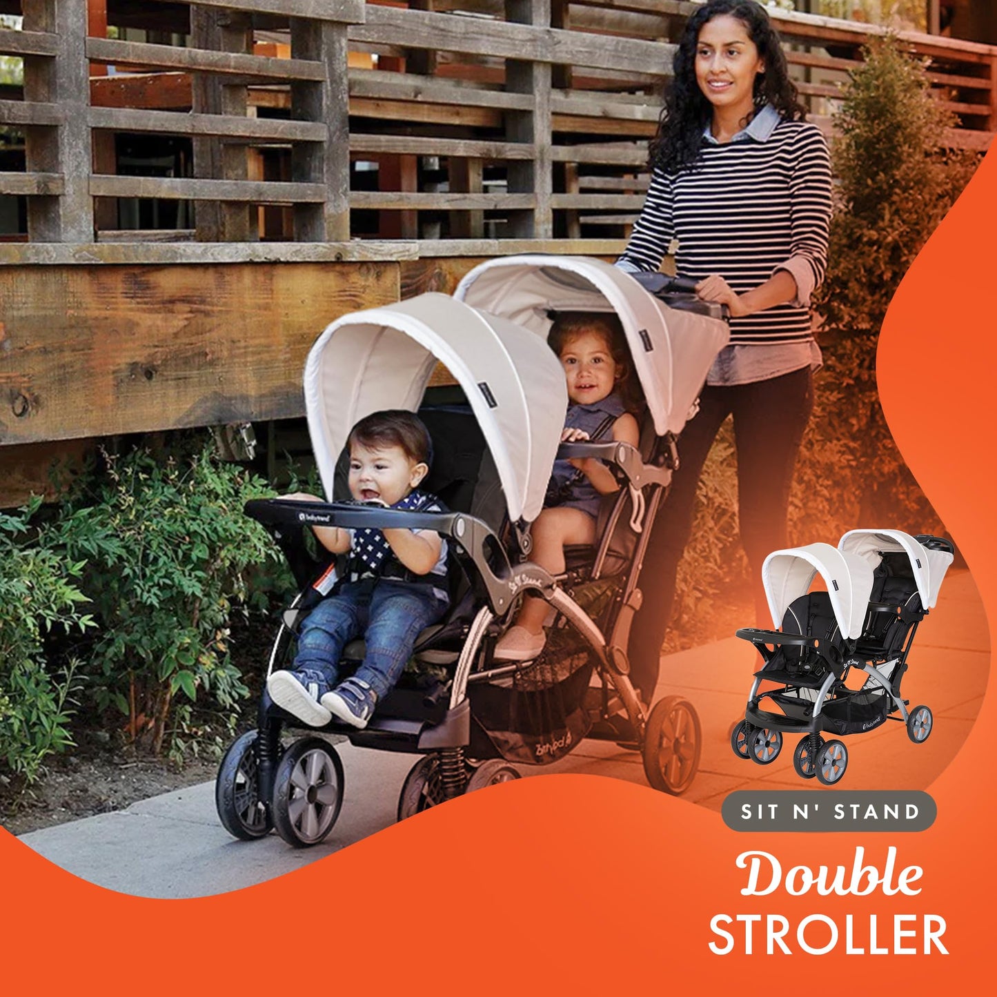 Baby Trend Stormy infant and toddler double stroller with car seat, lightweight and portable travel system in tandem configuration.