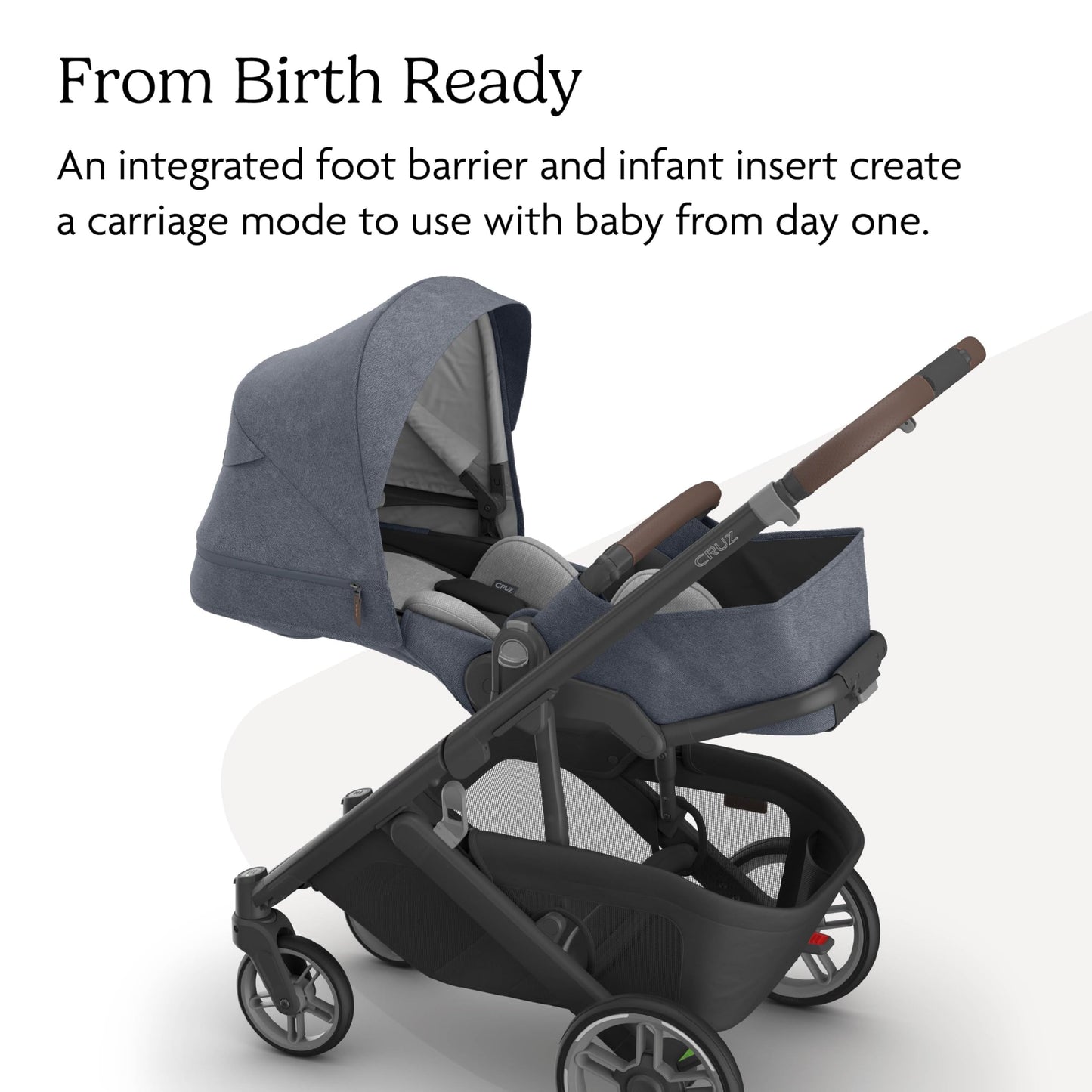 UPPAbaby Cruz V3 stroller in Greyson with reversible seat, infant insert, car seat compatibility, and bug and rain shields.