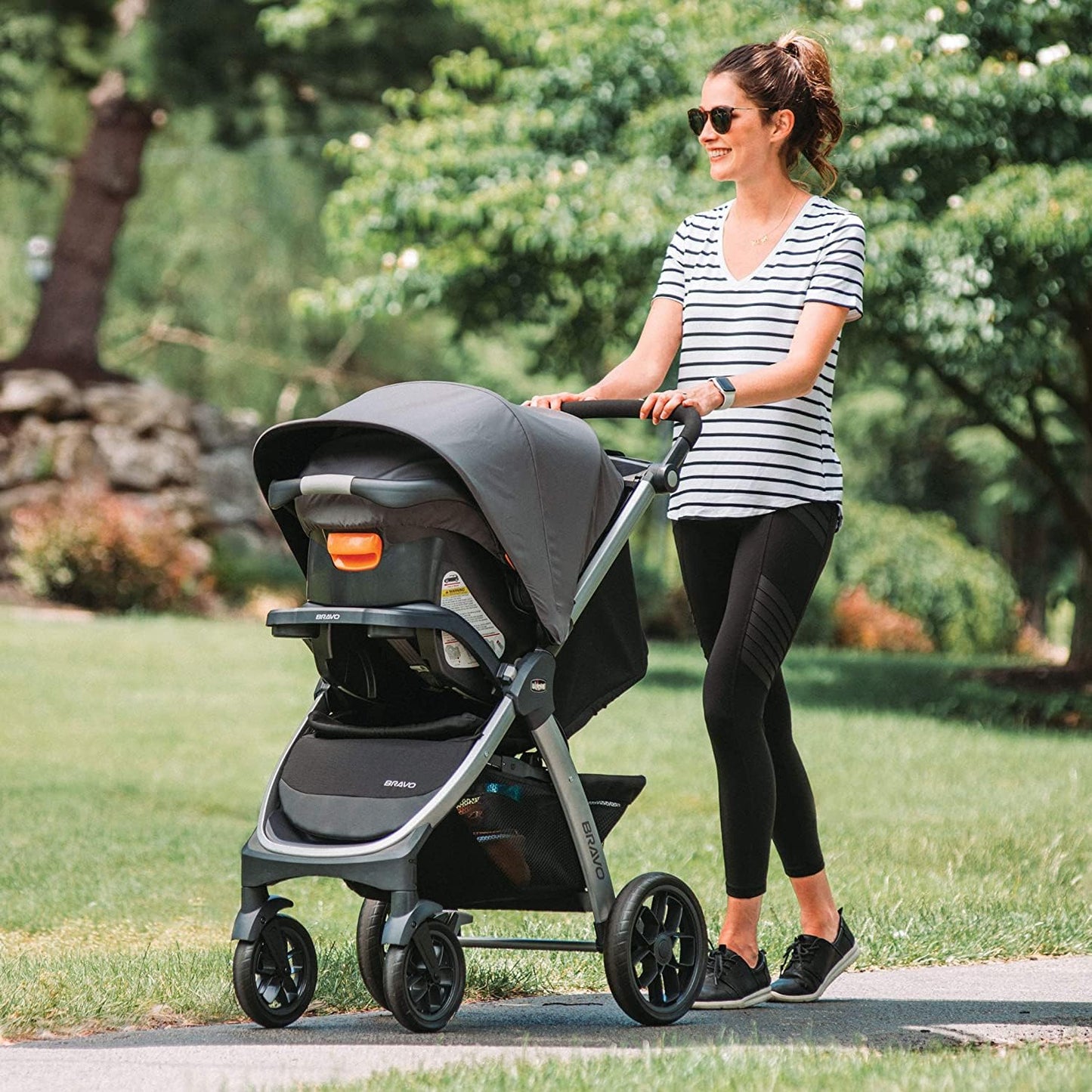 Chicco Bravo 3-in-1 travel system with quick-fold stroller, KeyFit 30 infant car seat, and base in Camden/Black color