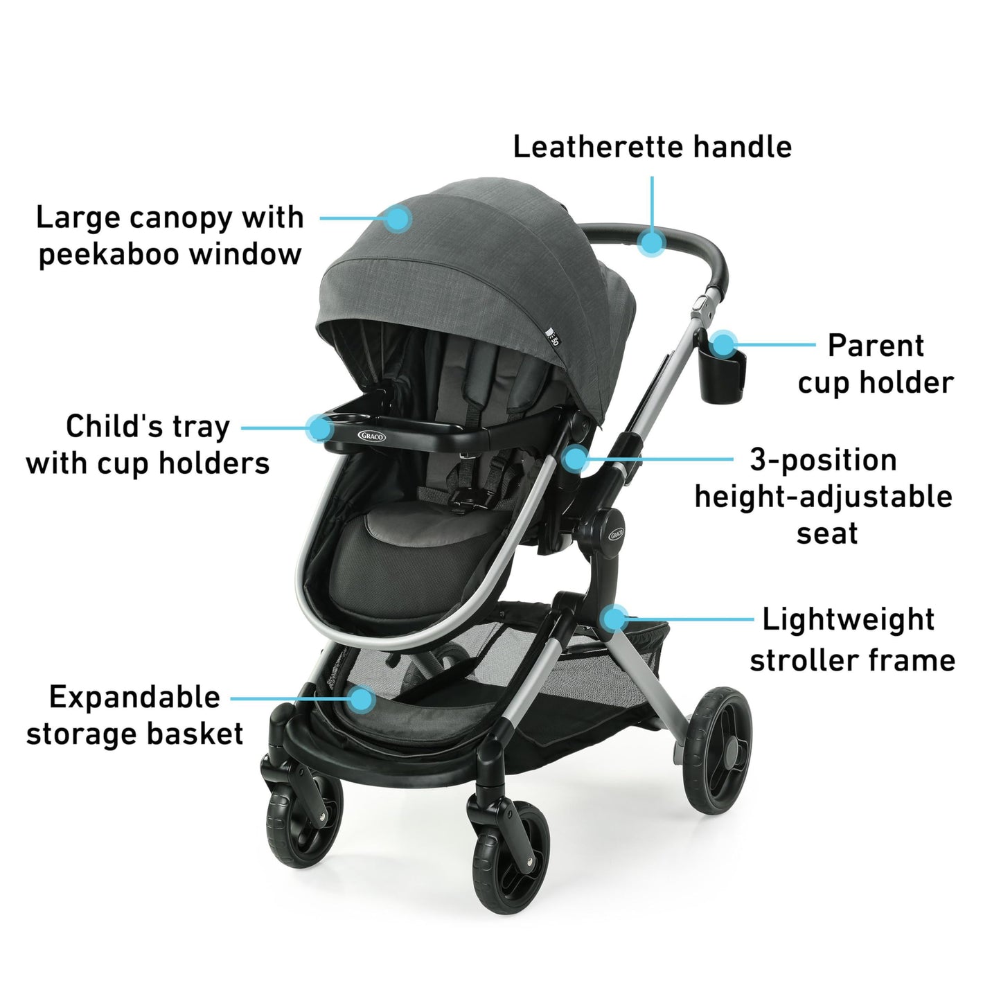 Graco Modes Nest travel system with 3-in-1 stroller and SnugRide DLX infant car seat, featuring adjustable slide-to-me design.