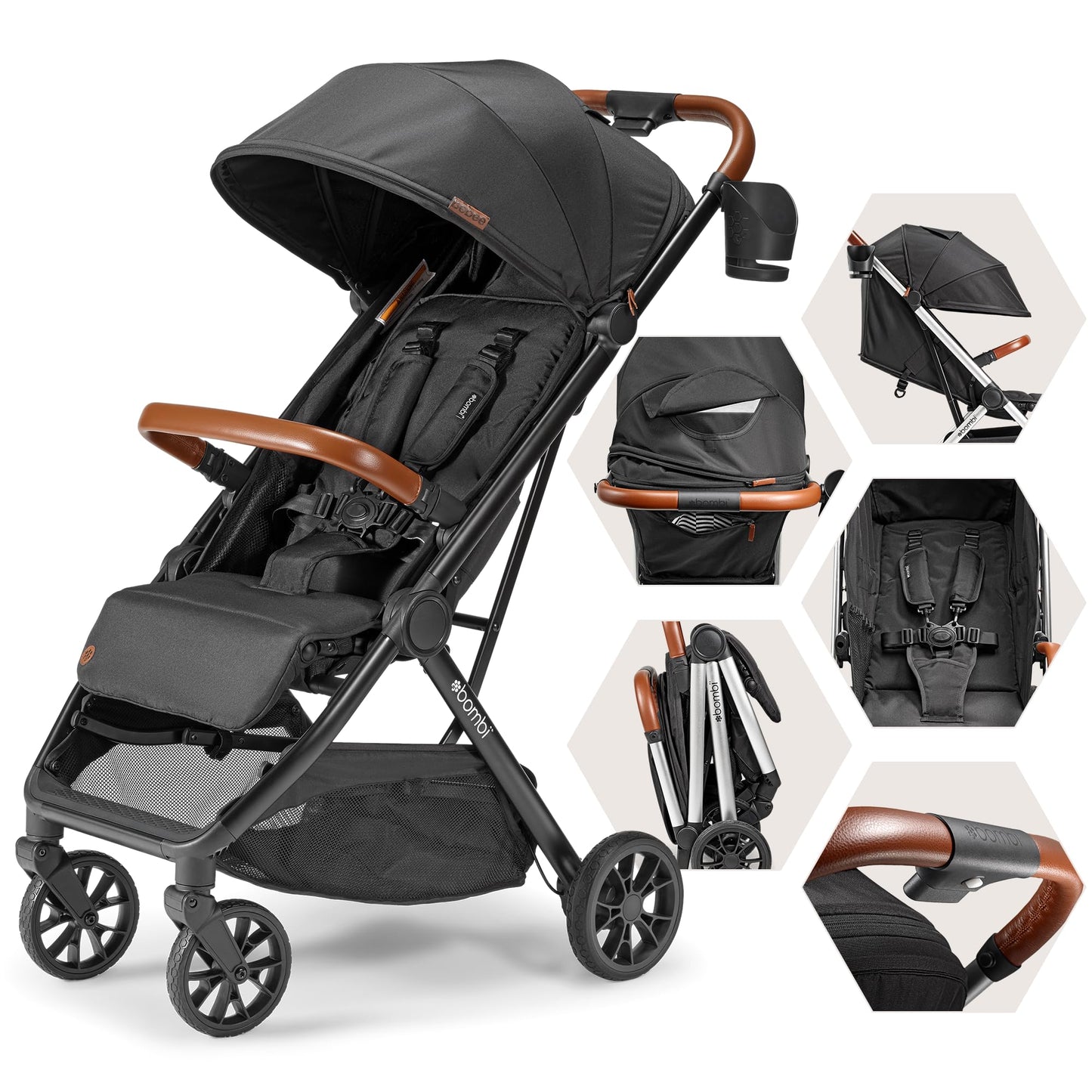 Bombi Bēbee V2 lightweight baby stroller with vegan leather, one-hand fold, infinite recline, aluminum frame, XXL canopy, and storage.
