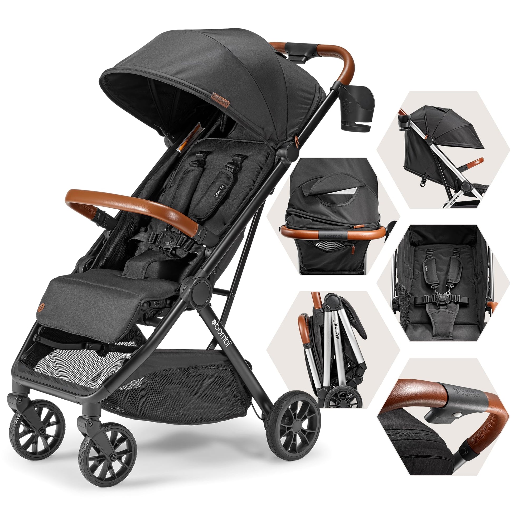 Bombi Bēbee V2 lightweight baby stroller with vegan leather, one-hand fold, infinite recline, aluminum frame, XXL canopy, and storage.