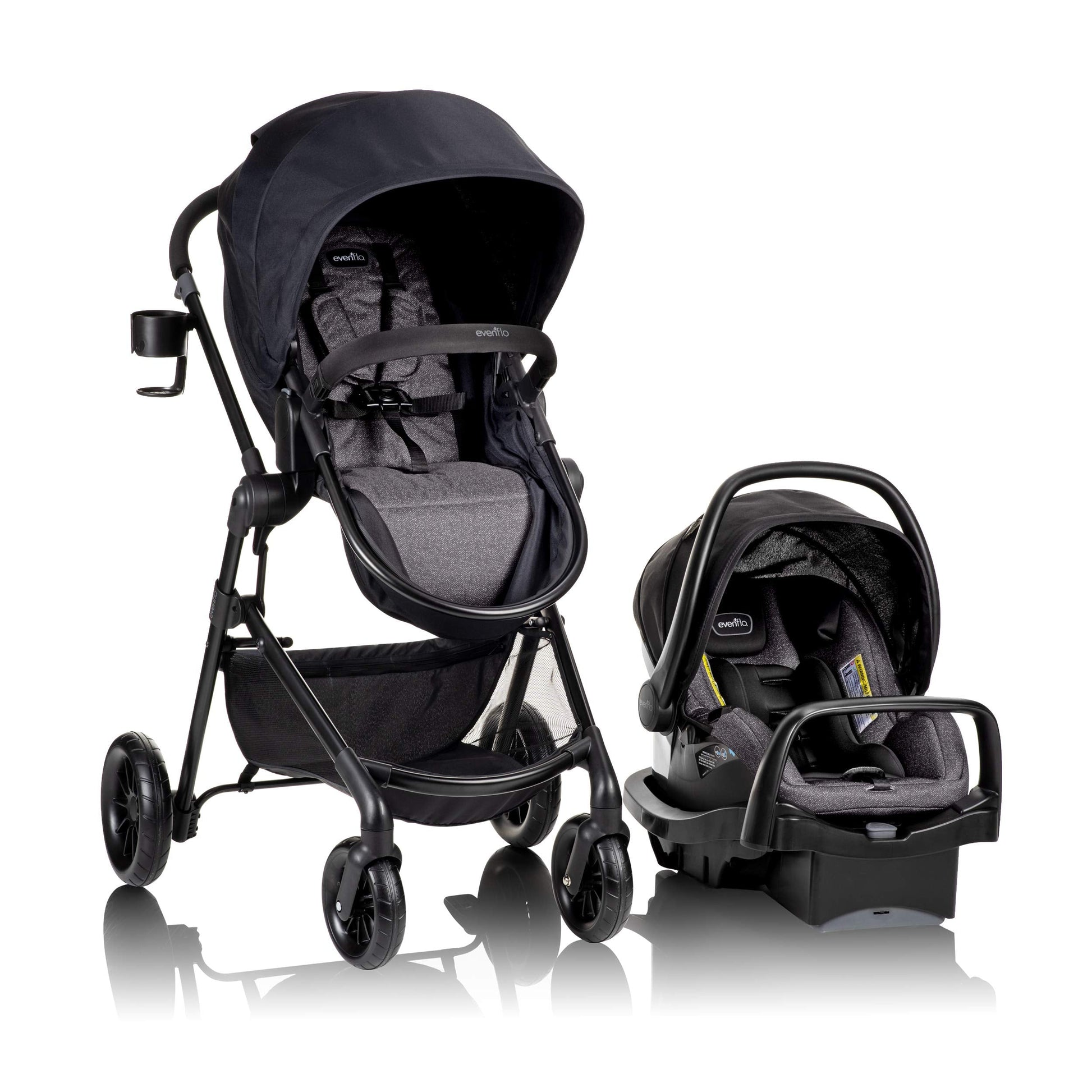 Evenflo Pivot Modular Travel System with SafeMax Car Seat, featuring a stroller with adjustable seat and car seat attachment.
