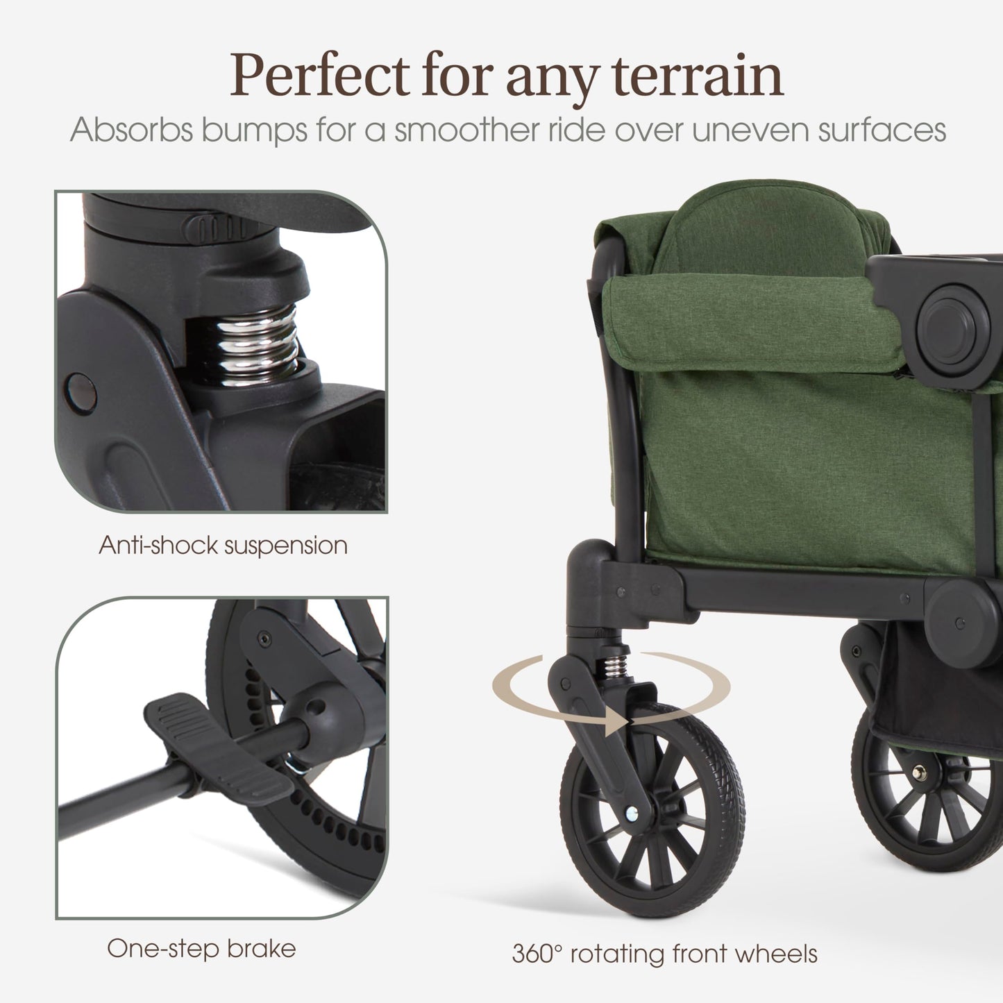Evolur Trailblazer double stroller wagon in black with all-terrain wheels, foldable canopy, 5-point harness, and spacious storage.
