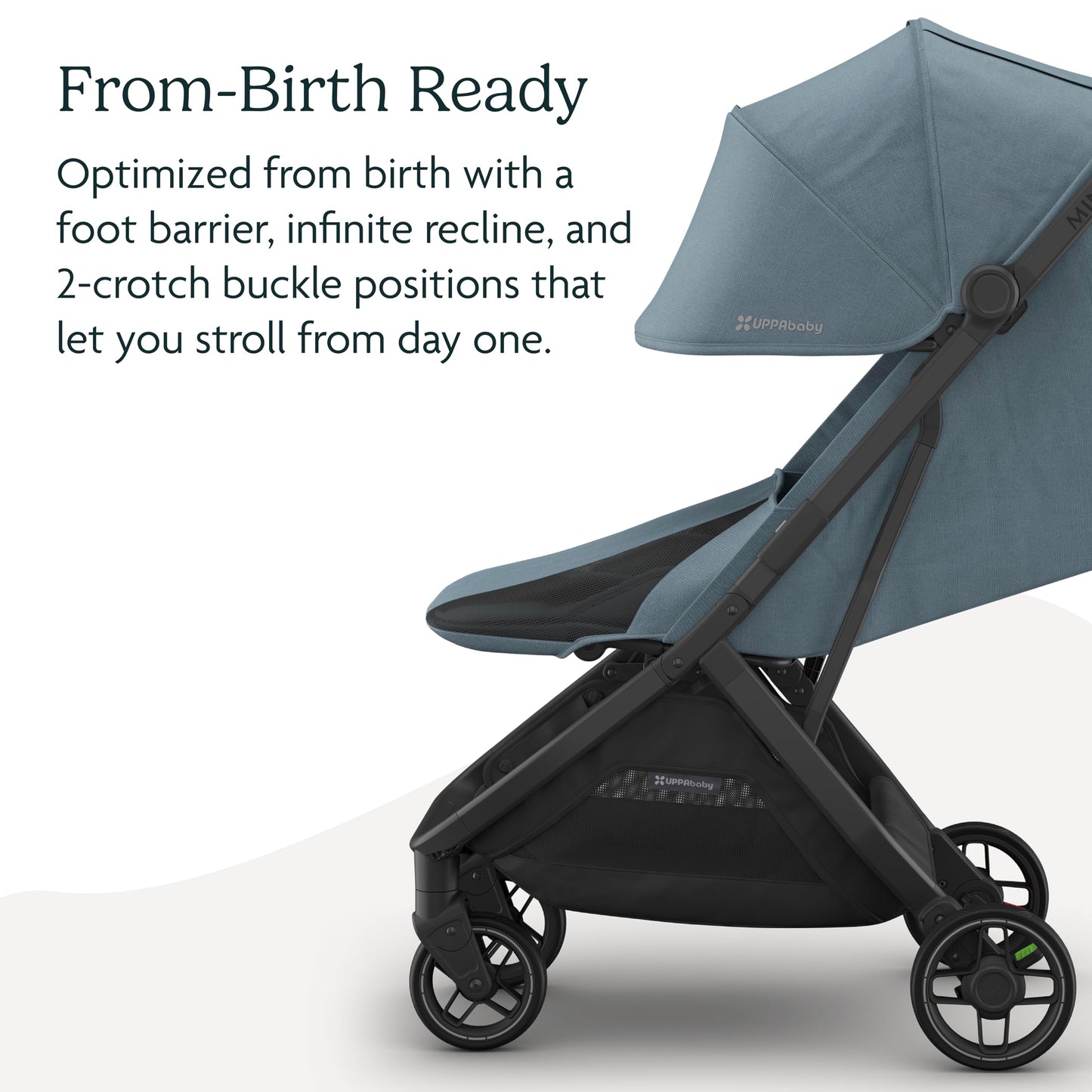 UPPAbaby Minu V3 lightweight travel stroller in Greyson color, featuring a compact design, one-hand fold, and charcoal frame.