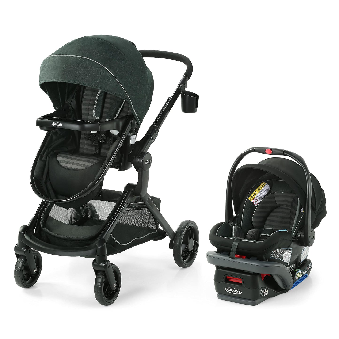 Graco Modes Nest 3-in-1 travel system with infant car seat and stroller, showing the adjustable stroller and SnugRide DLX infant seat.