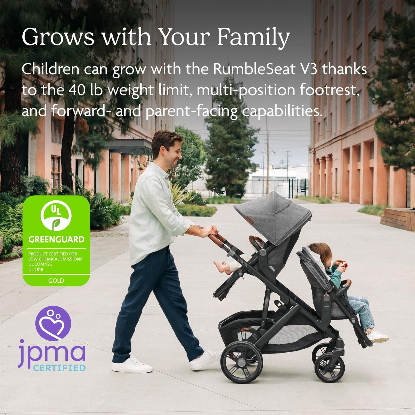 UPPAbaby RumbleSeat V3 second lower seat in Declan Oat Mélange with silver frame and chestnut leather, all-weather seat with magnetic buckle.