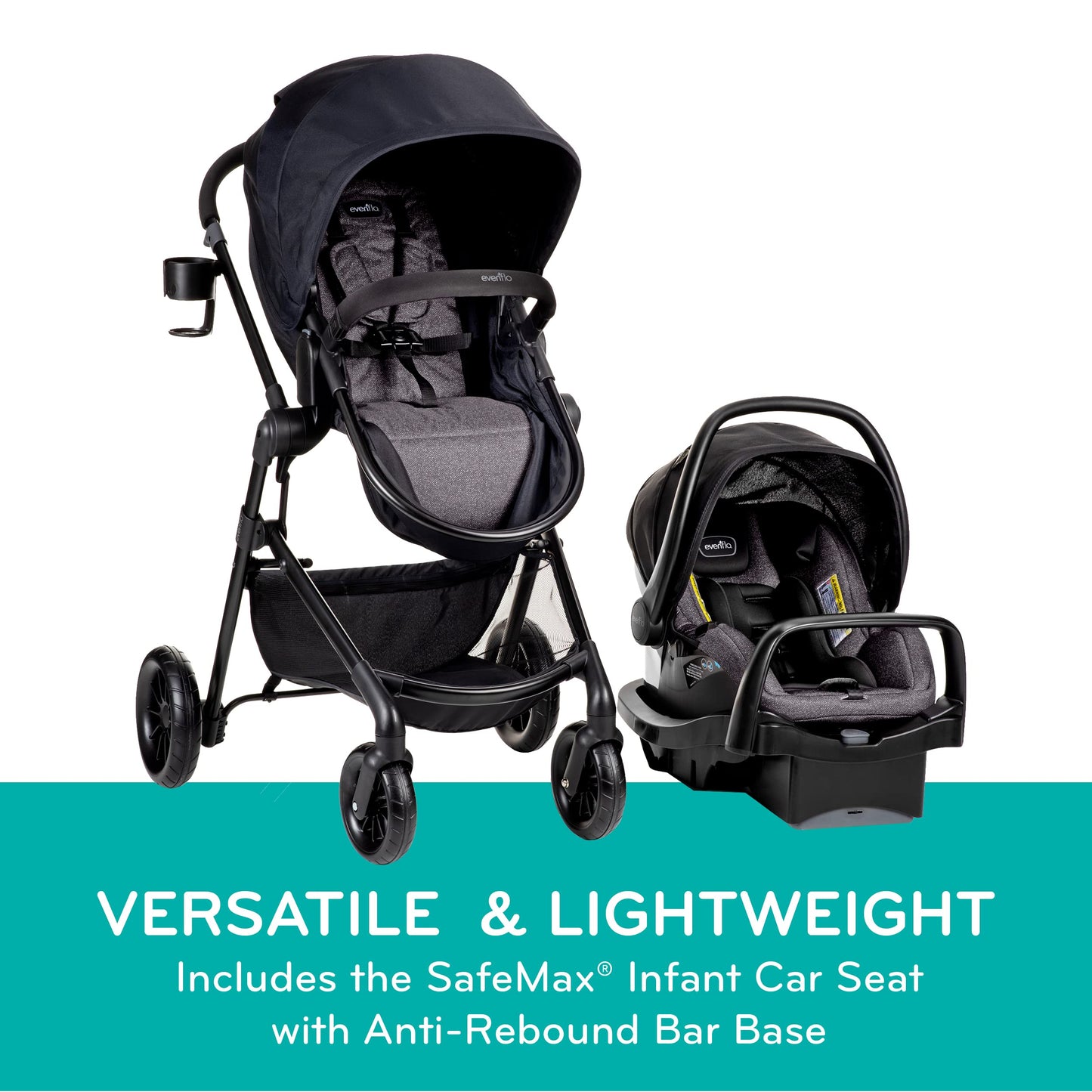 Evenflo Pivot Modular Travel System with SafeMax Car Seat, stroller with adjustable seat and car seat for infants and toddlers.