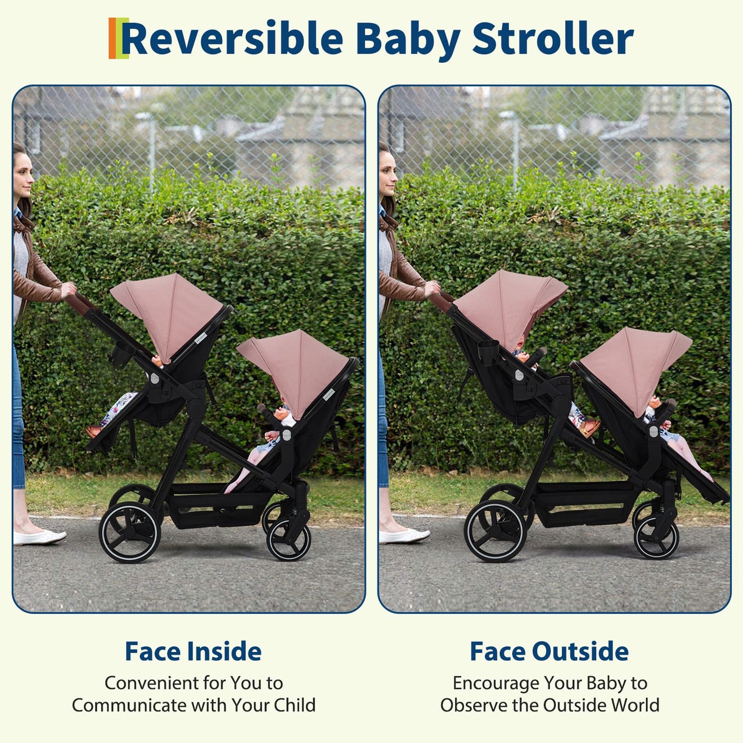 Black tandem stroller with double bassinet, reversible seats, adjustable canopies, one-hand fold, and large storage basket.