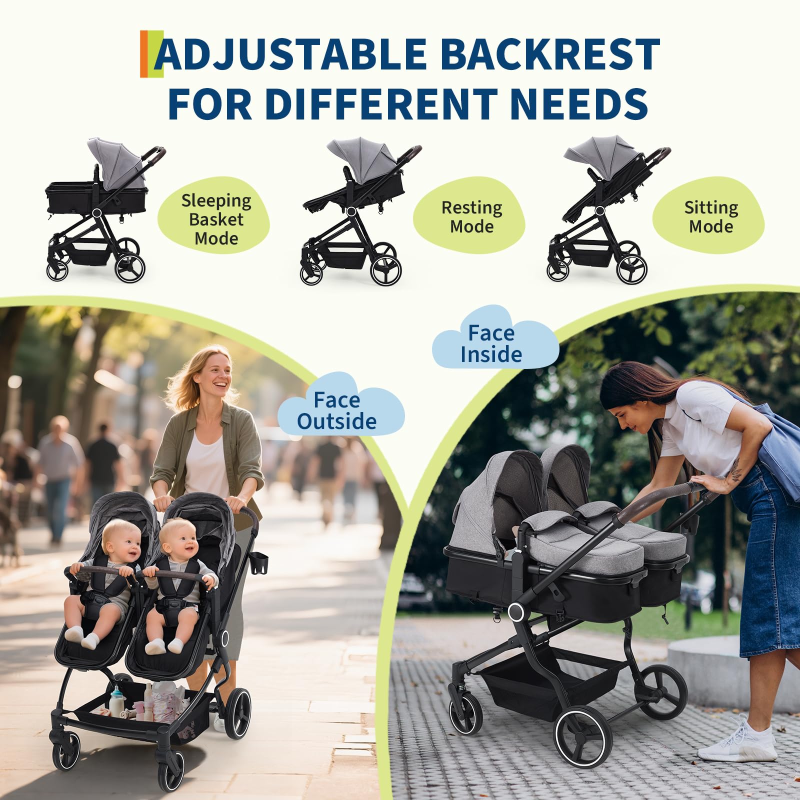 Lightweight twin double stroller by My Store with reclining seats, adjustable canopies, 5-point harness, and high landscape design.